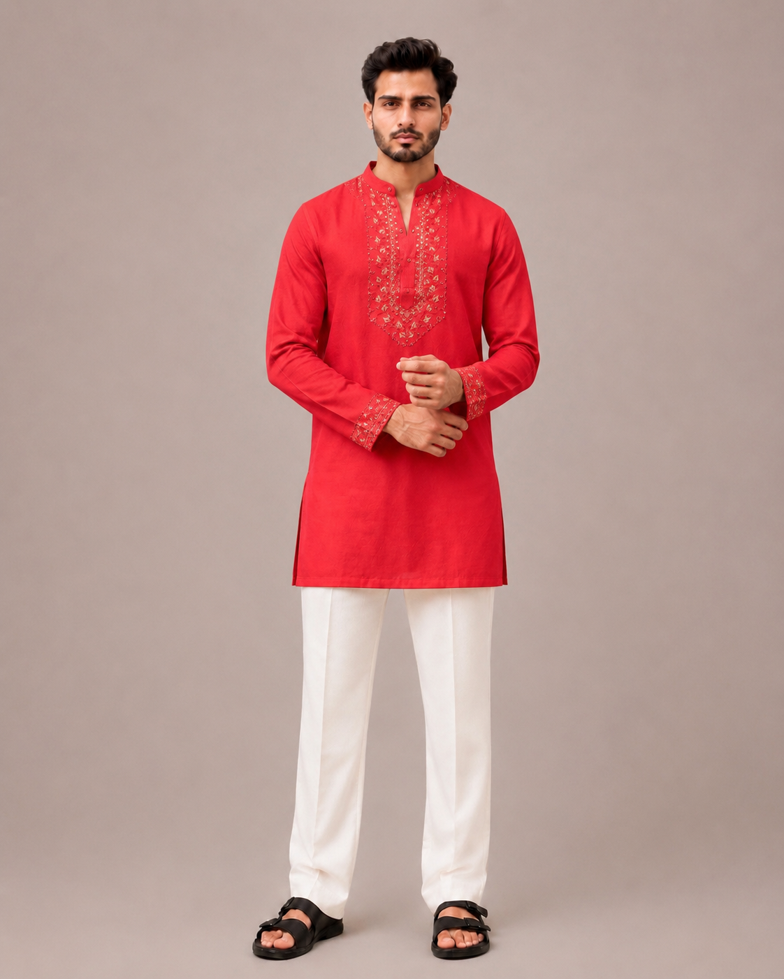 Peach Linen Fabric Kurta Top with Hand Work
