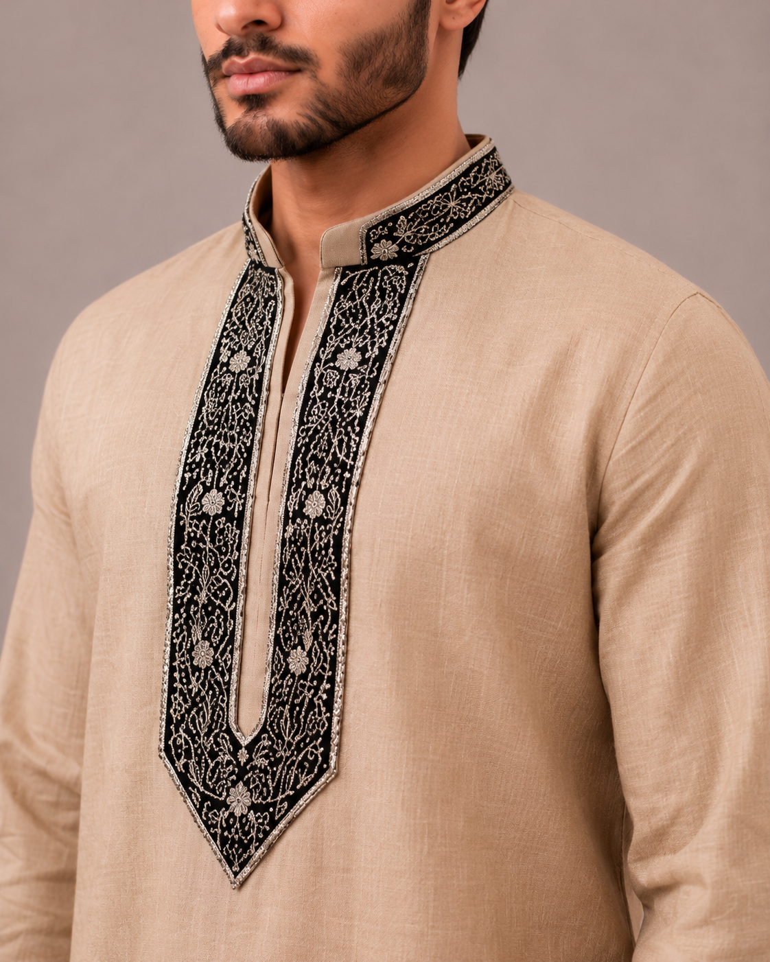 Peach Linen Fabric Kurta Top with Machine Work
