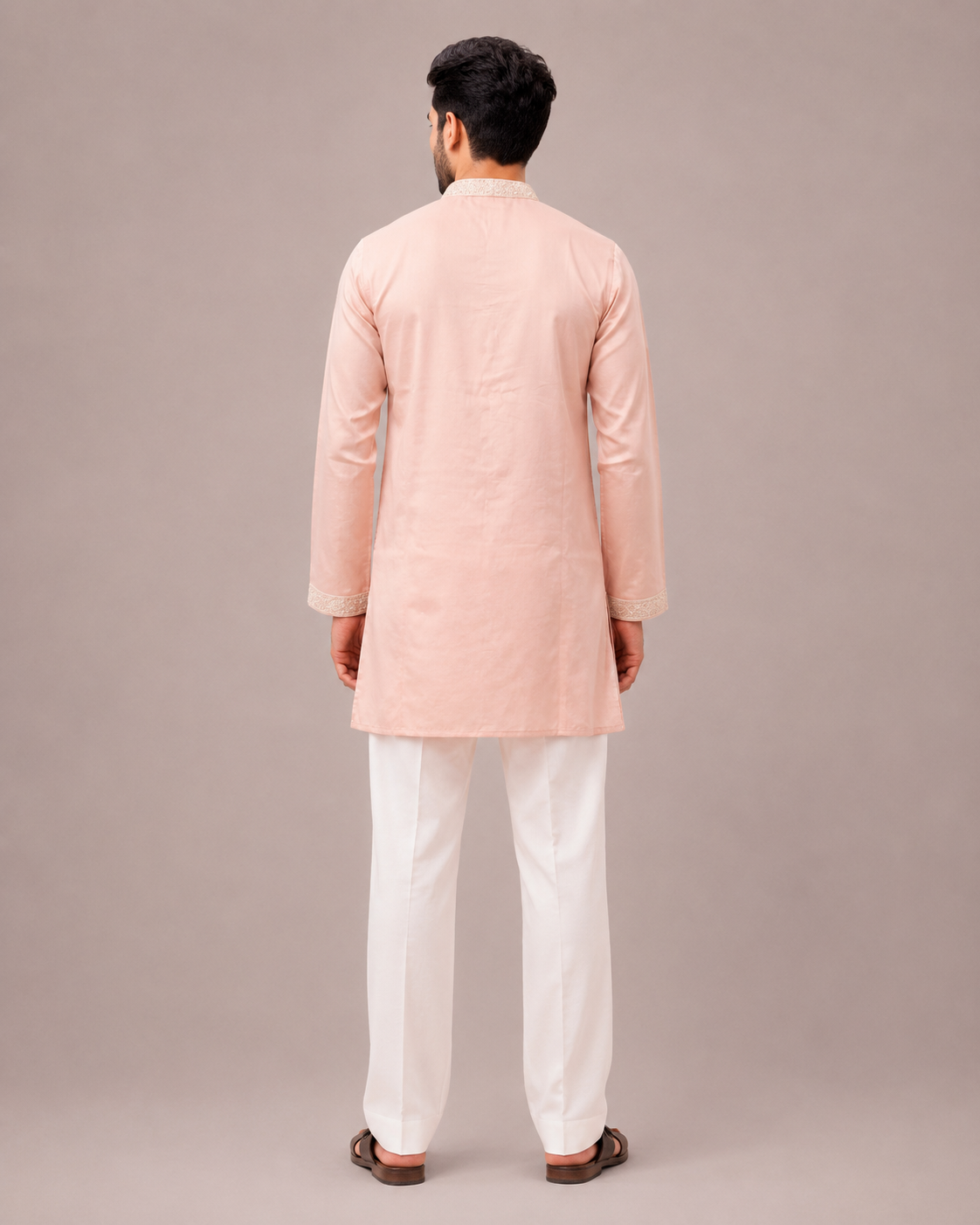 Peach Linen Kurta Set with Hand Embroidery Work