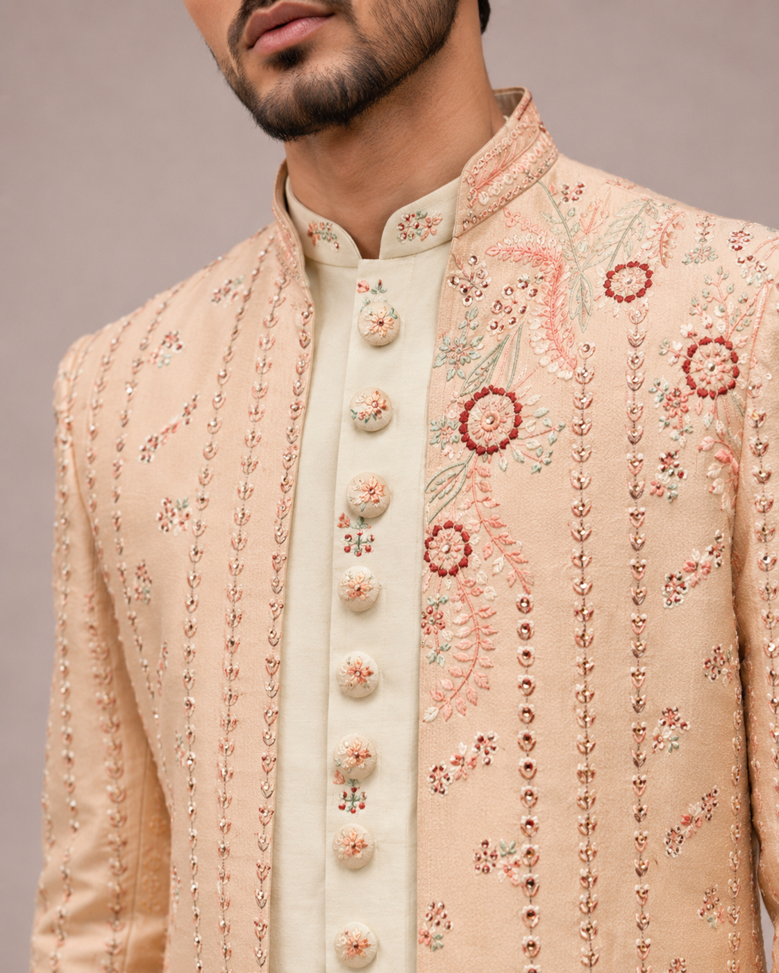 Peach Raw Silk Indo Western for Men with Hand Work
