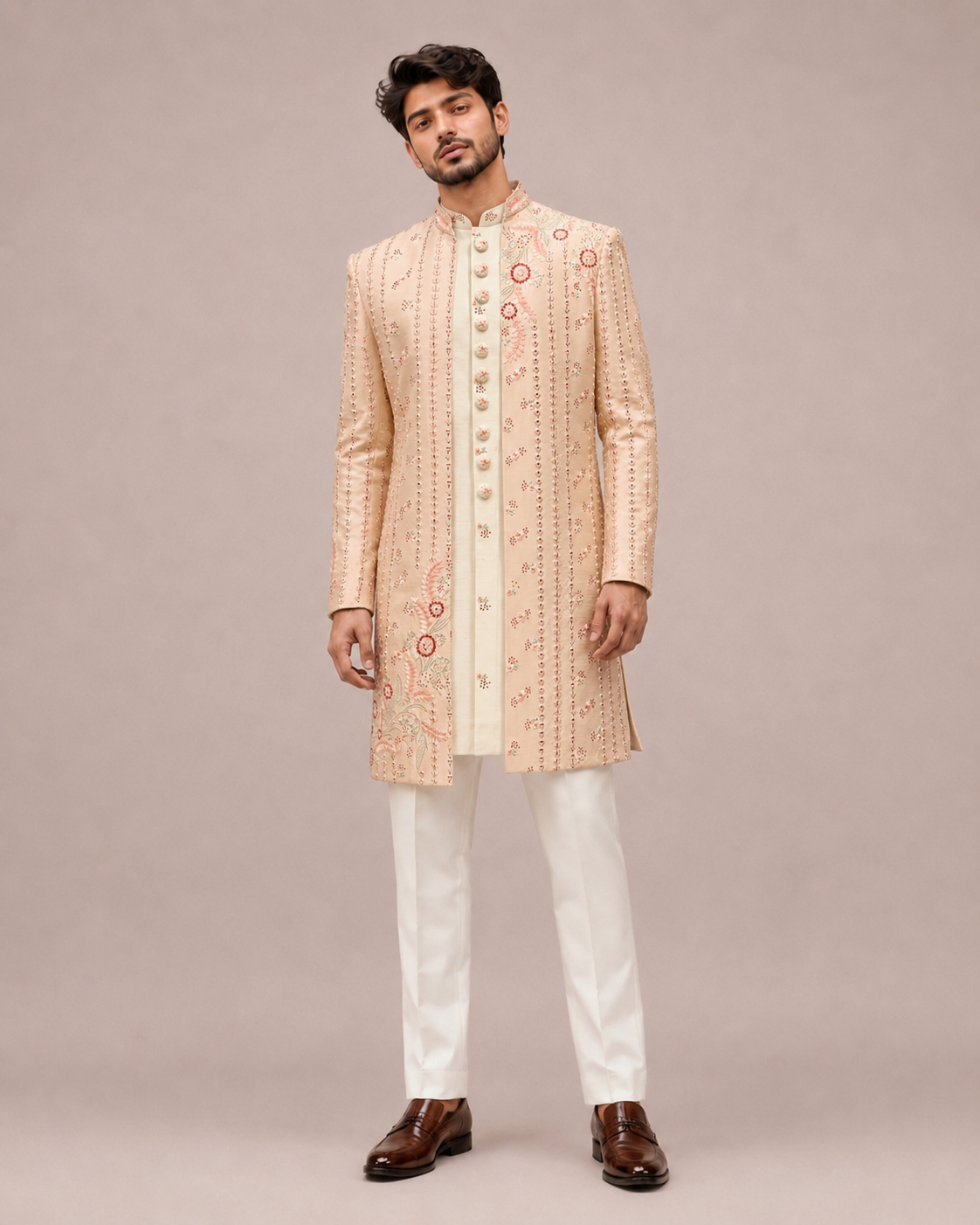 Peach Raw Silk Indo Western for Men with Hand Work