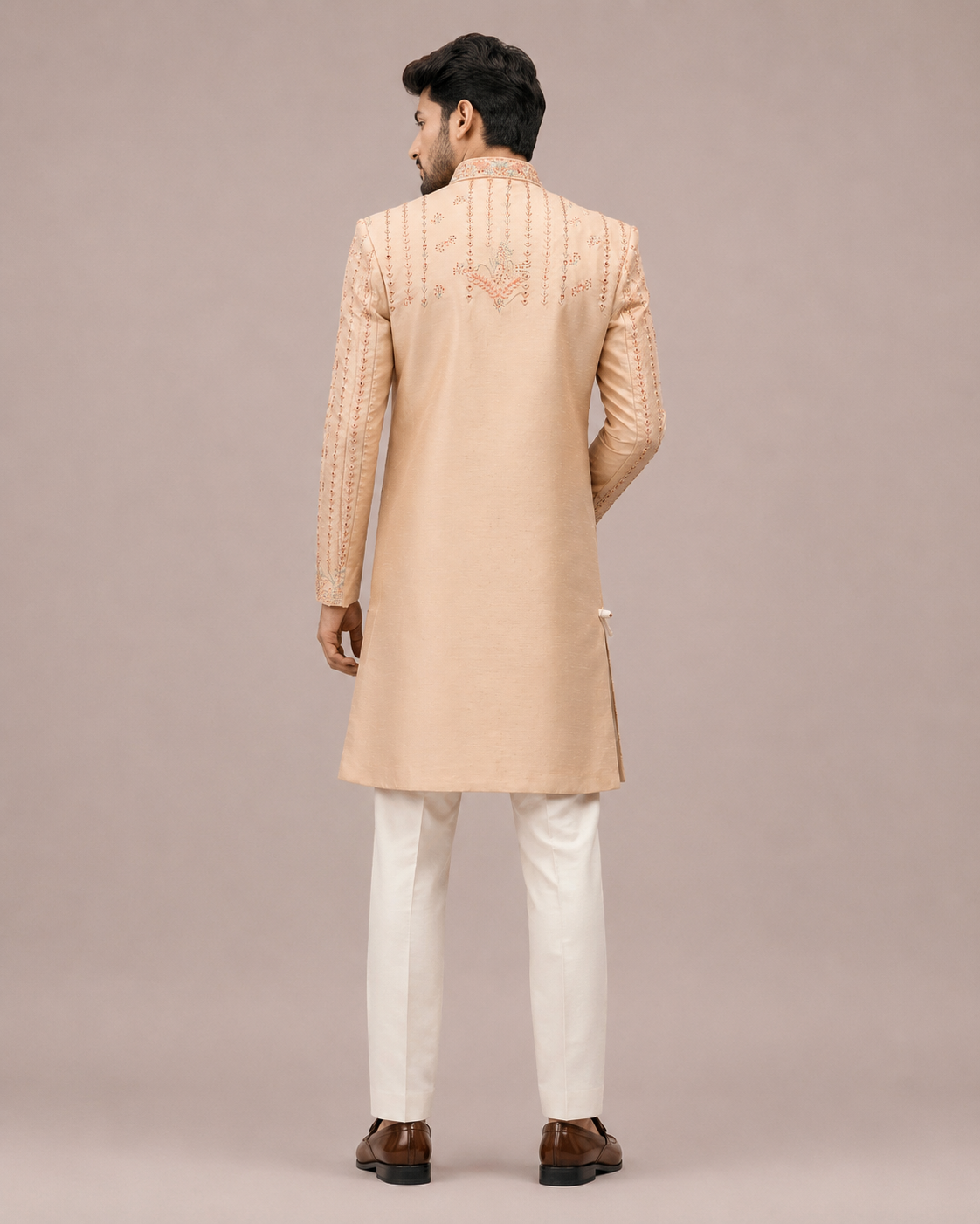 Peach Raw Silk Indo Western for Men with Hand Work