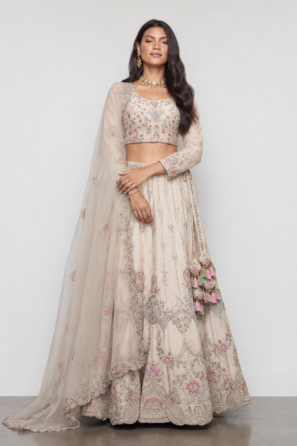 Peach Silk Bridal Lehenga with Moti, Resham, Jardoshi, and Siconwork