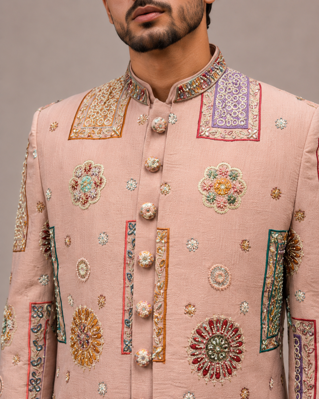 Peach Silk Indo Western for Women with Hand Print and Hand Work