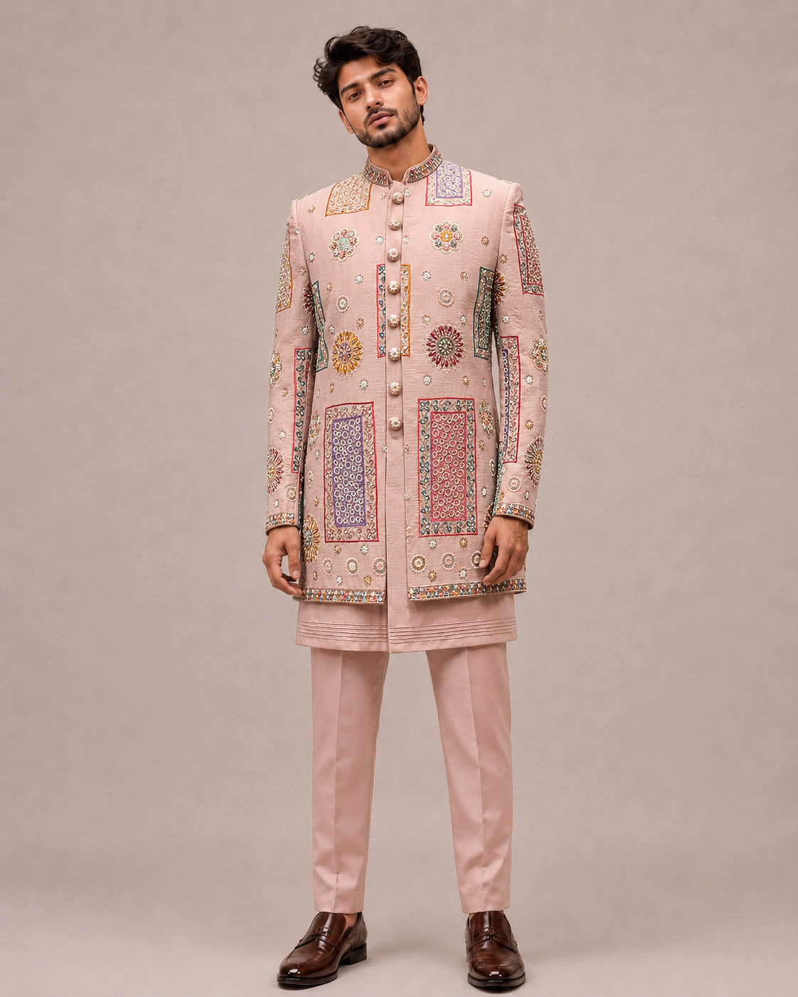 Peach Silk Indo Western for Women with Hand Print and Hand Work