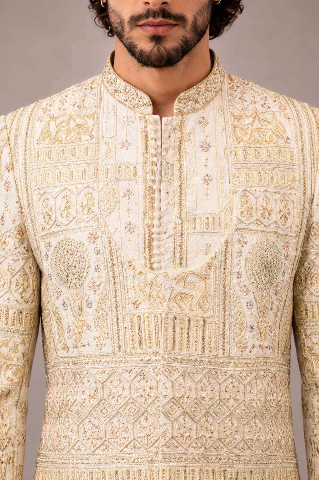 Peach Silk Sherwani for Men with Hand Work