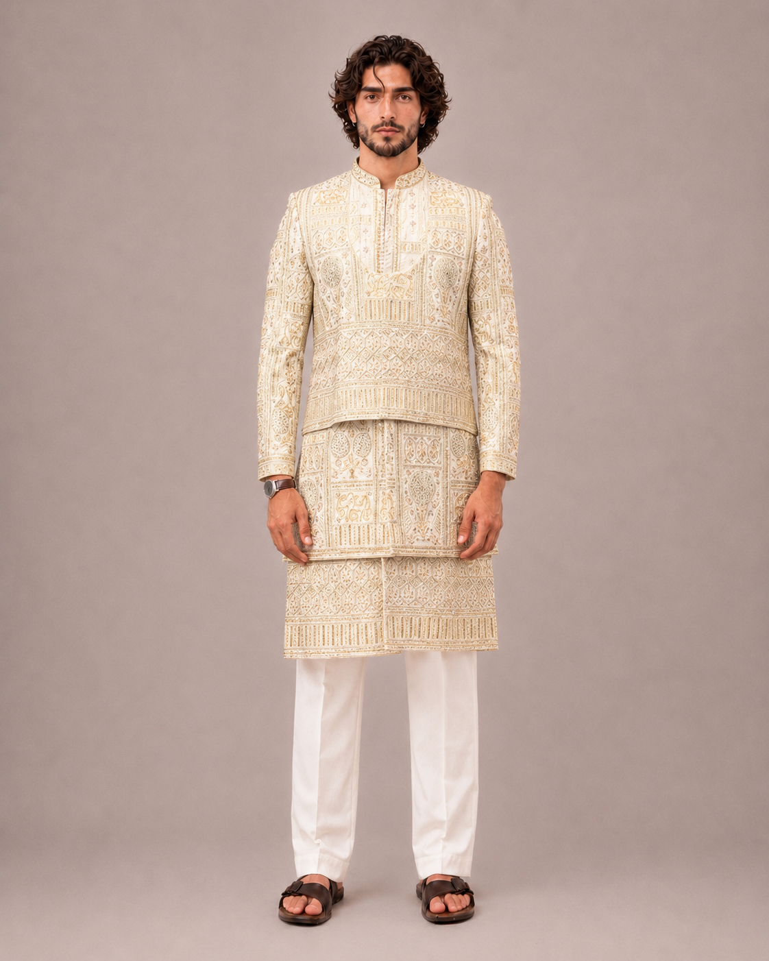 Peach Silk Sherwani for Men with Hand Work