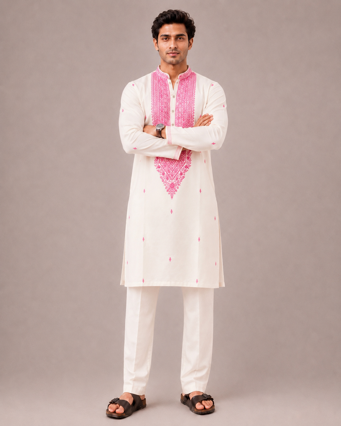 Pink Banarasi Silk Kurta Set with Thread Computer Embroidery Work