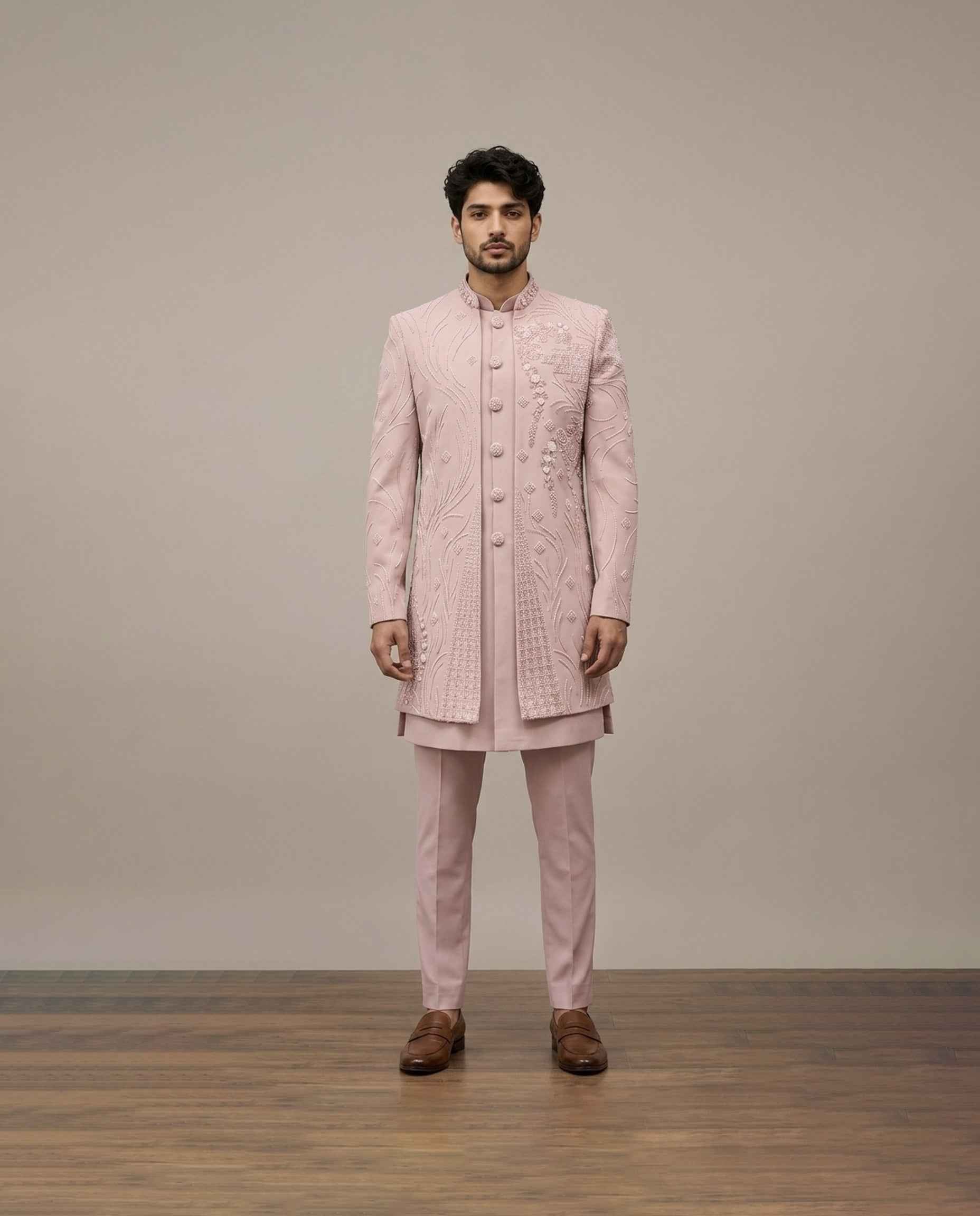 Pink Imported Fabric Indo Western for Men with Cutdana and Hand Work