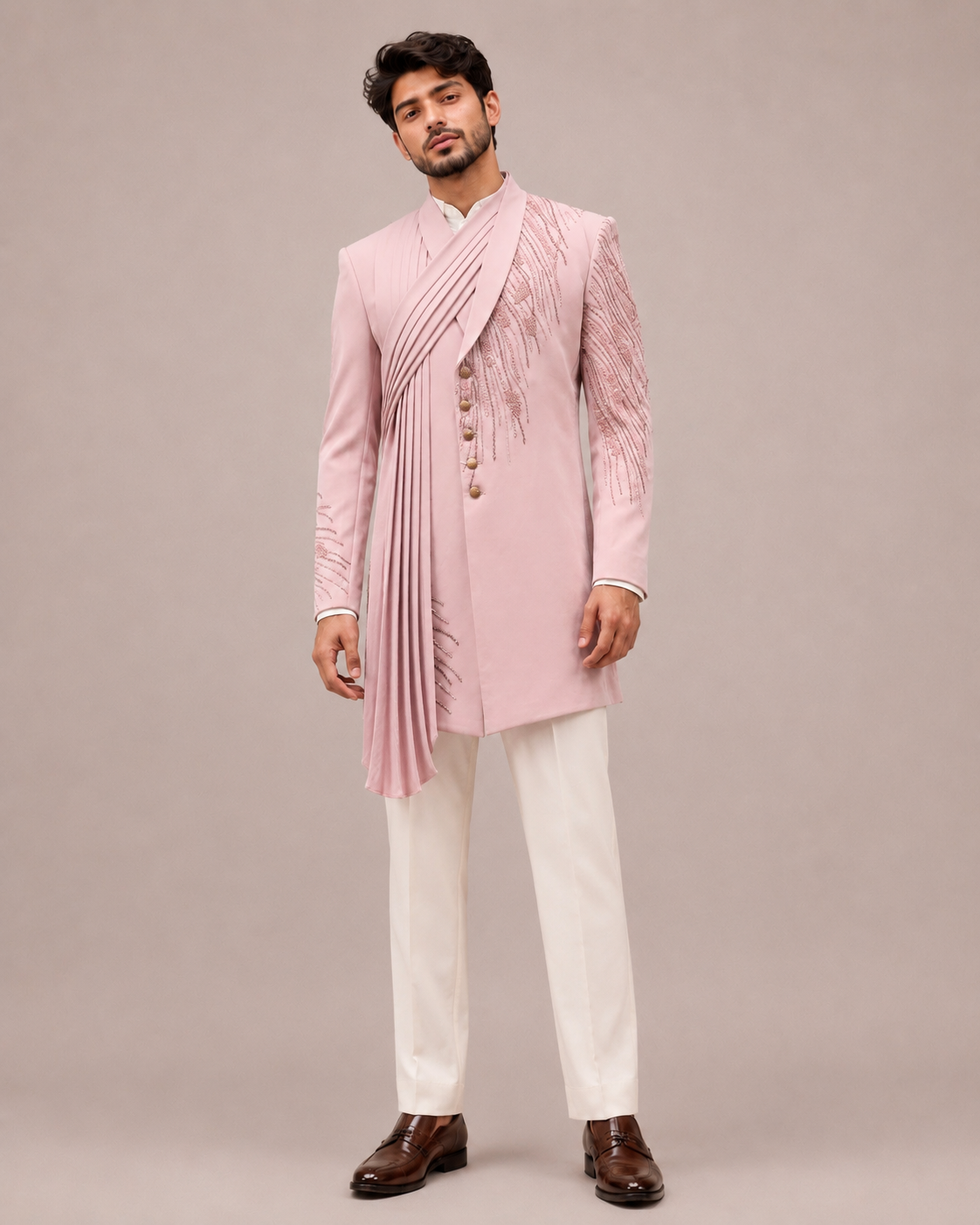 Pink Imported Fabric Indo Western for Men with Sequins, Beads and Cutdana Work