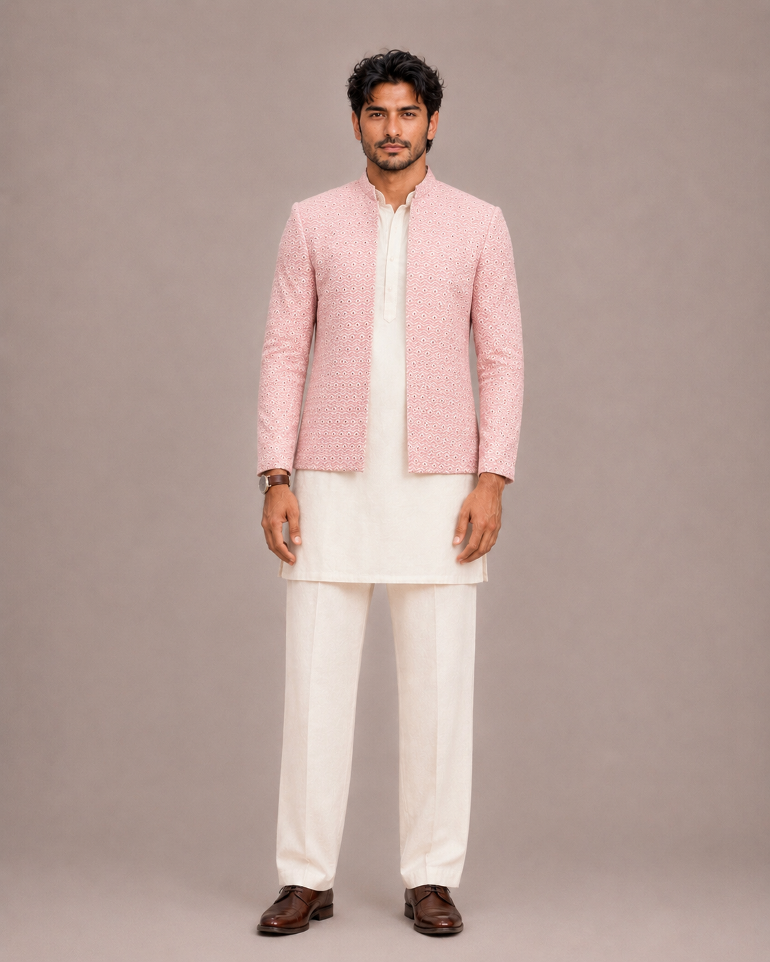 Pink Lakhnavi Jodhpuri Suit for Men with Lakhnavi Mirror Work