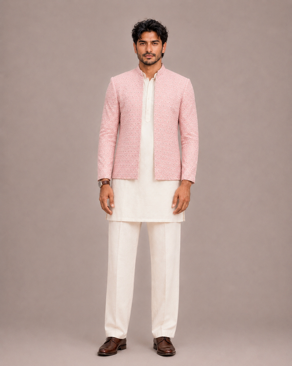 Pink Lakhnavi Jodhpuri Suit for Men with Lakhnavi Mirror Work