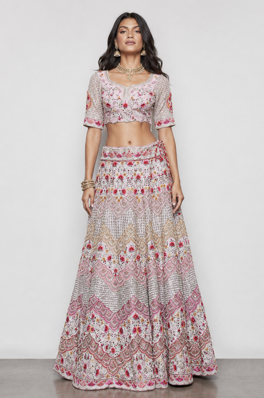 Pink Pure Raw Silk Bridal Lehenga with Kardana, Palmoti, Gath and Sicon Work