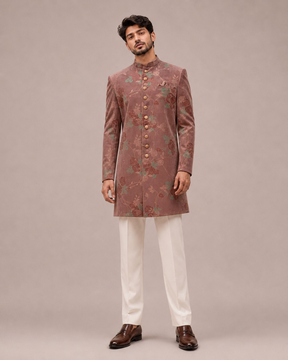 Pink Shade Velvet Indo Western for Men with Print Work