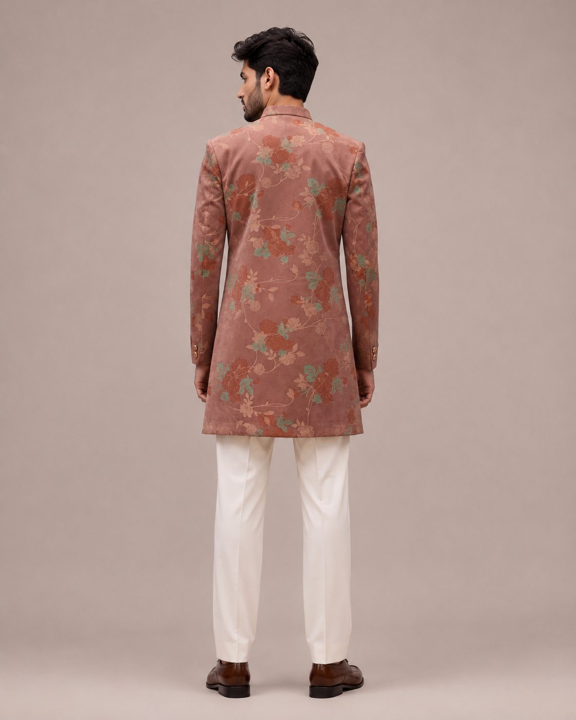 Pink Shade Velvet Indo Western for Men with Print Work