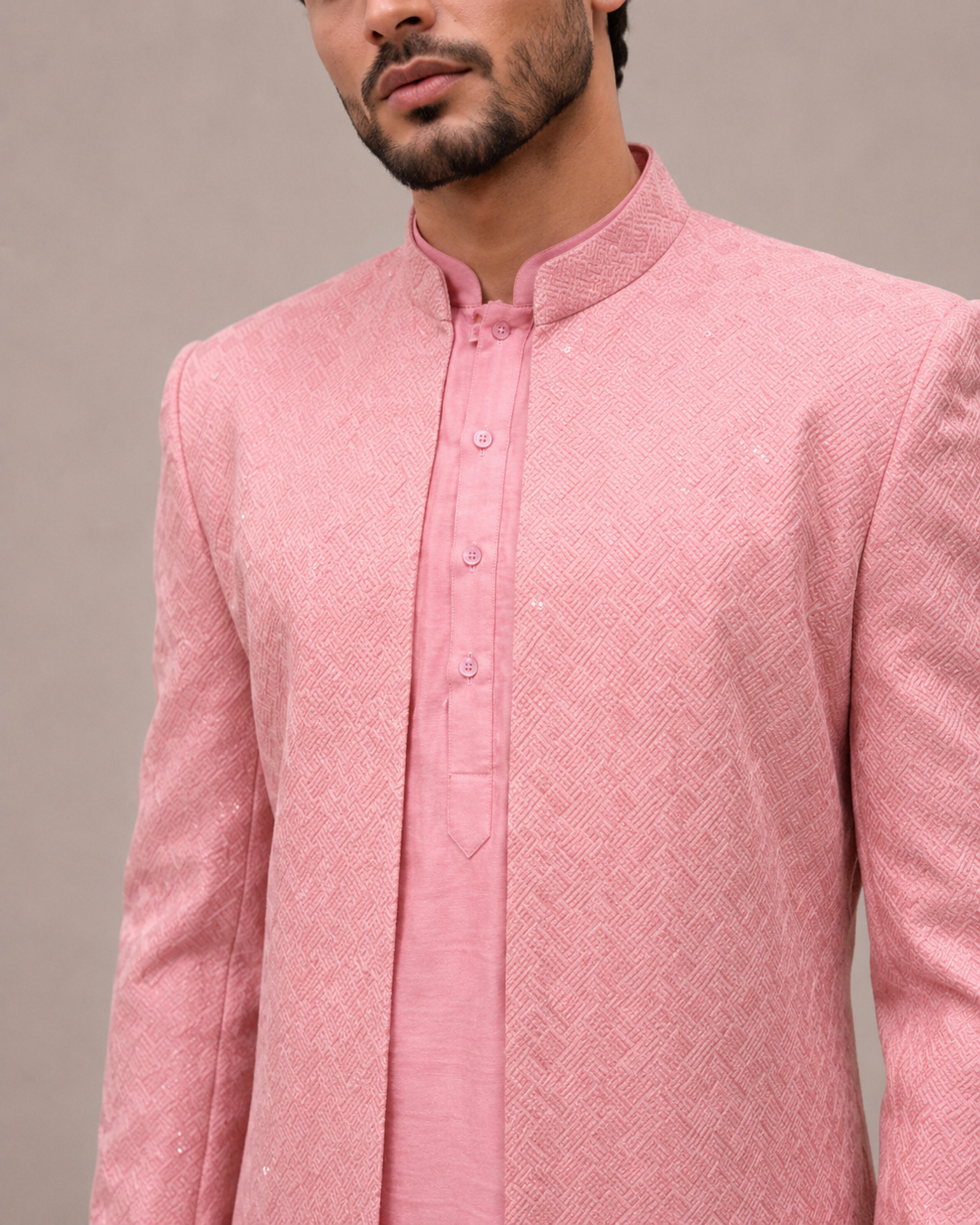 Pink Silk Indo Western with Computer Embroidery and Thread Work
