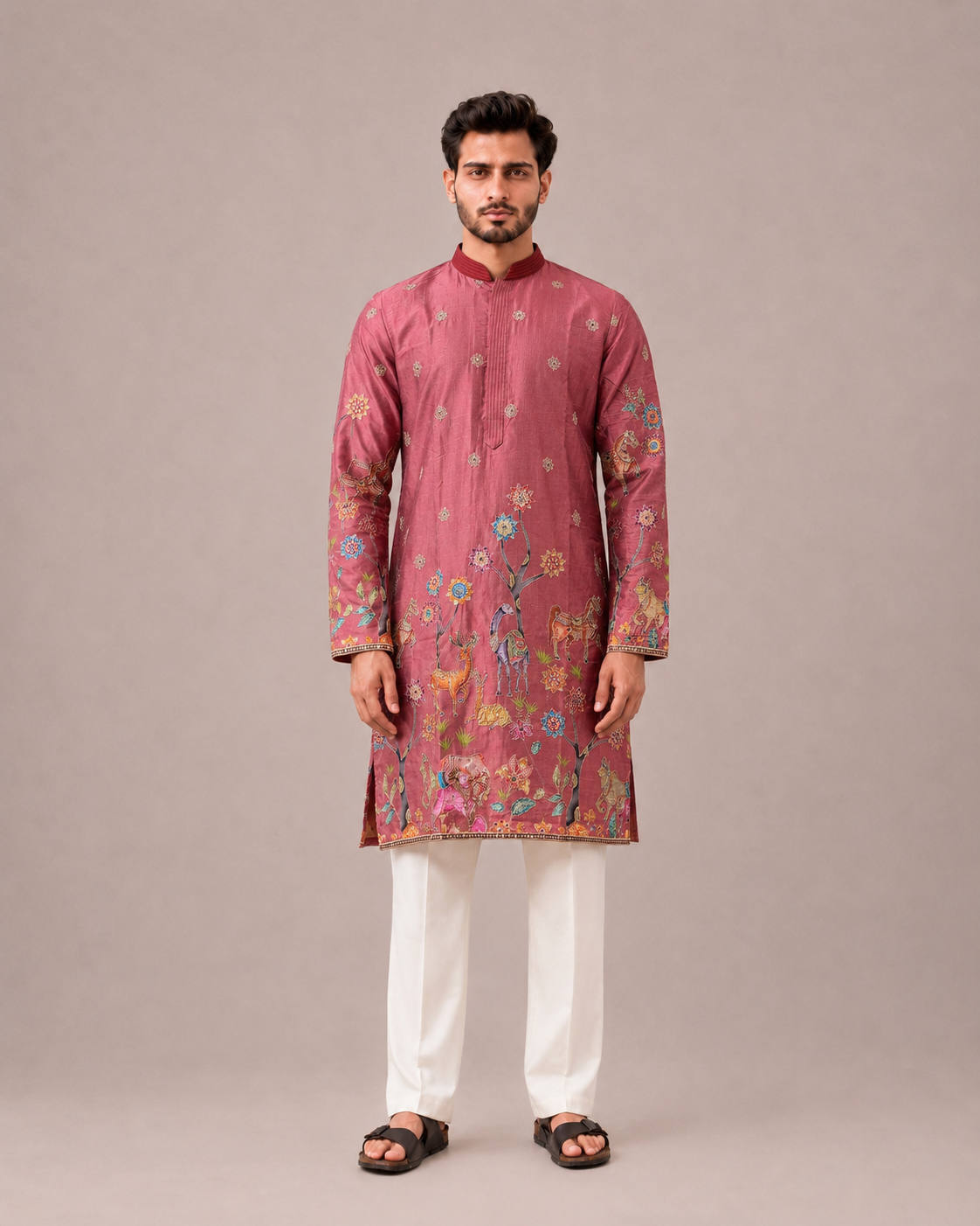 Pink Silk Kurta Set with Print and Computer Embroidery Work