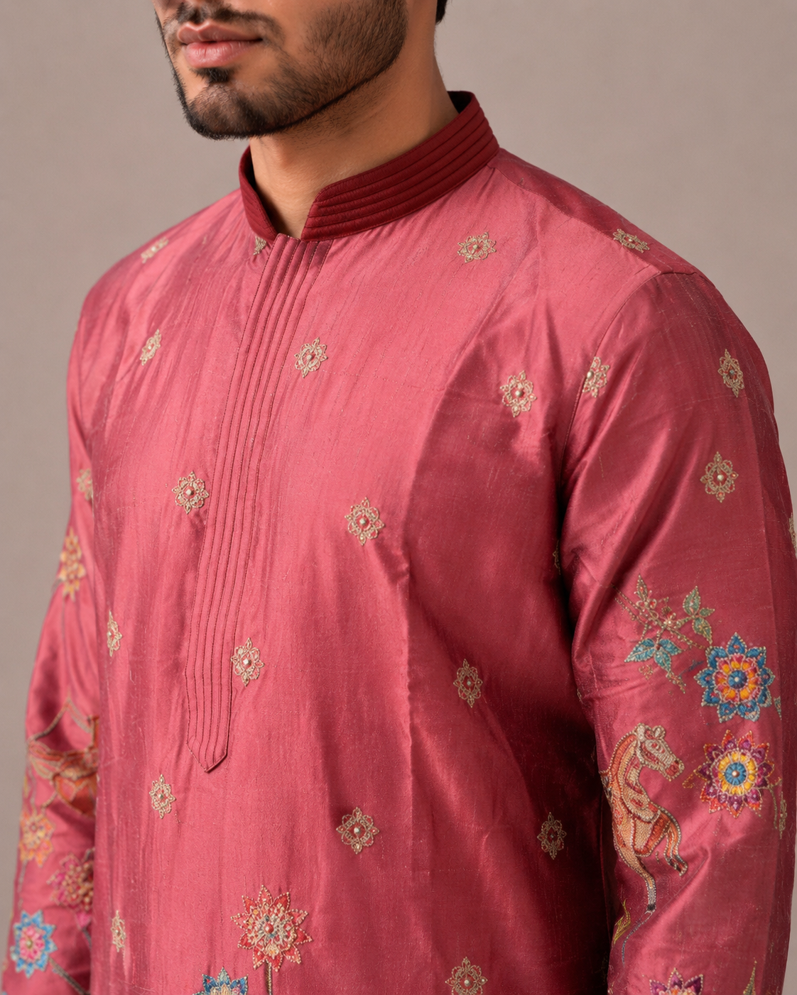 Pink Silk Kurta Set with Print and Computer Embroidery Work