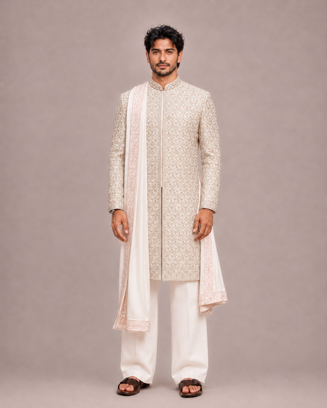 Pink Silk Sherwani with Hand Work
