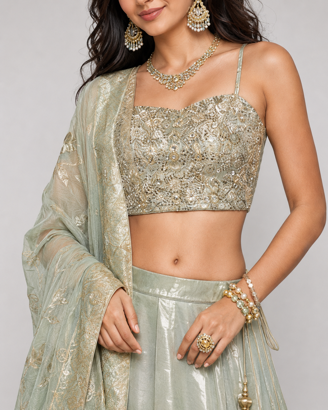 Pista Tissue Silk Choli with Zardozi Pal Work and Floral Print