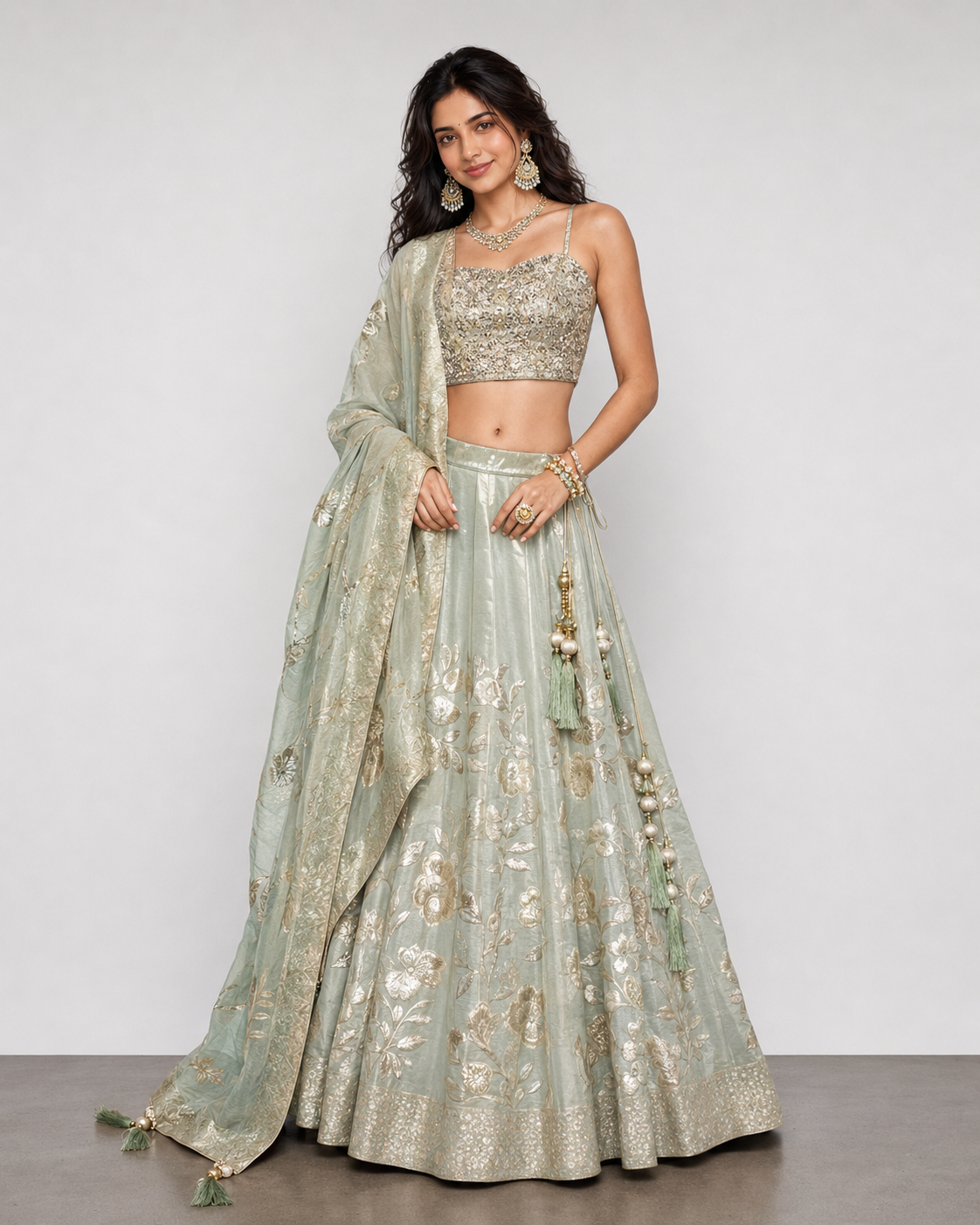 Pista Tissue Silk Choli with Zardozi Pal Work and Floral Print