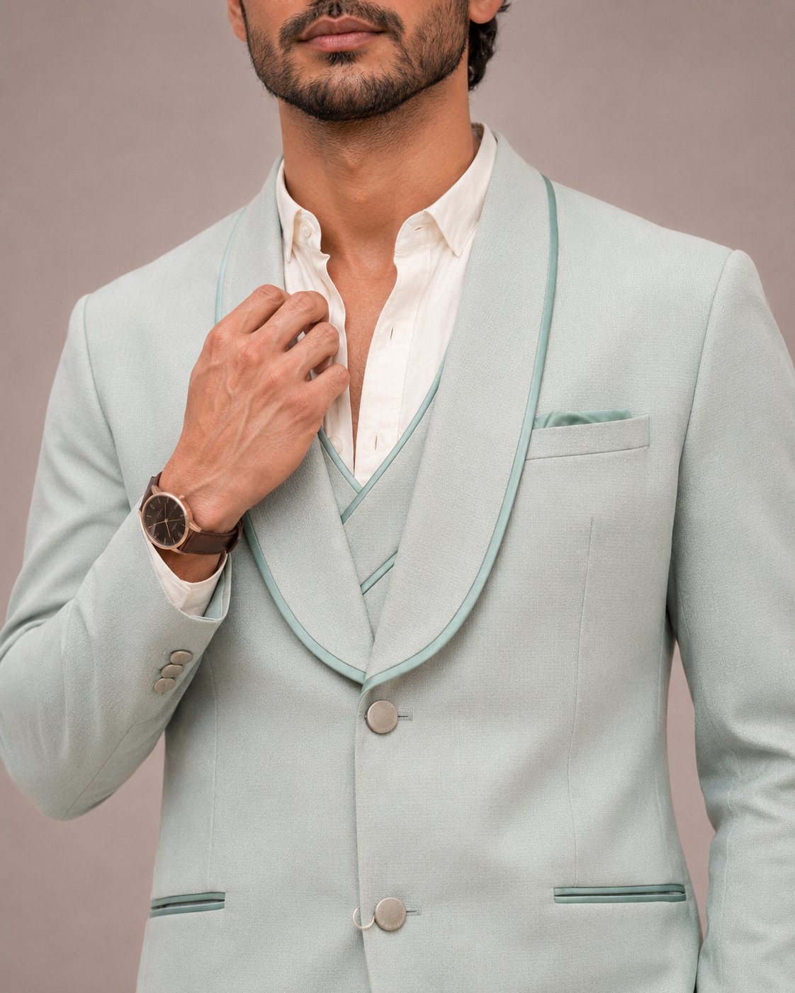 Pista Viskos Tuxedo Suit with Grosgrain Lapel and Tonal Trim Work
