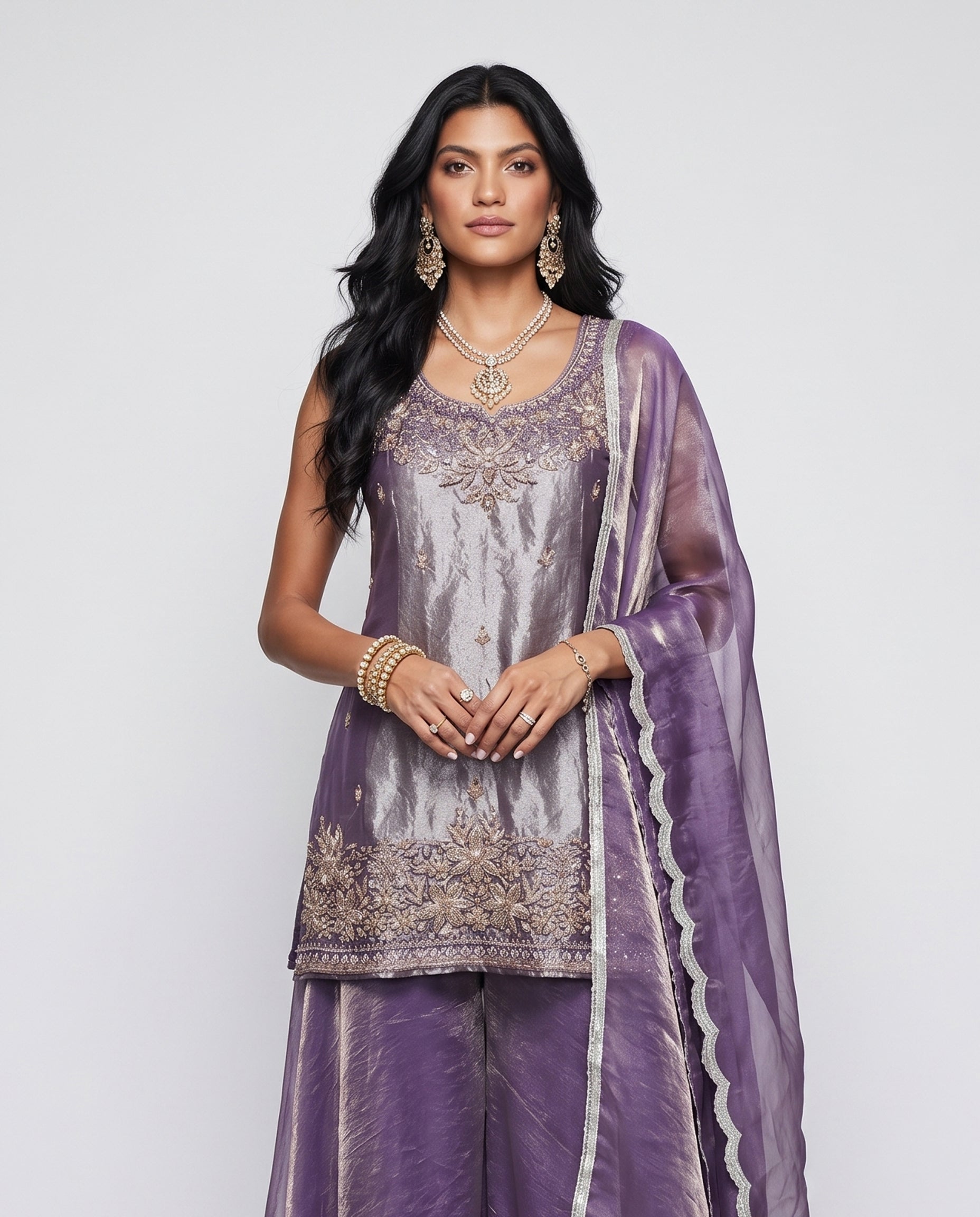Purple Tissue Silk Indo Western with Moti Sequence Cutdana and Organza Work