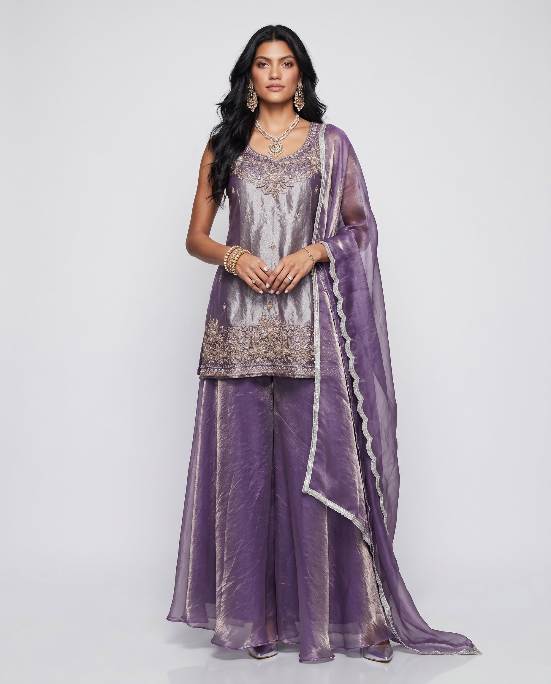 Purple Tissue Silk Indo Western with Moti Sequence Cutdana and Organza Work