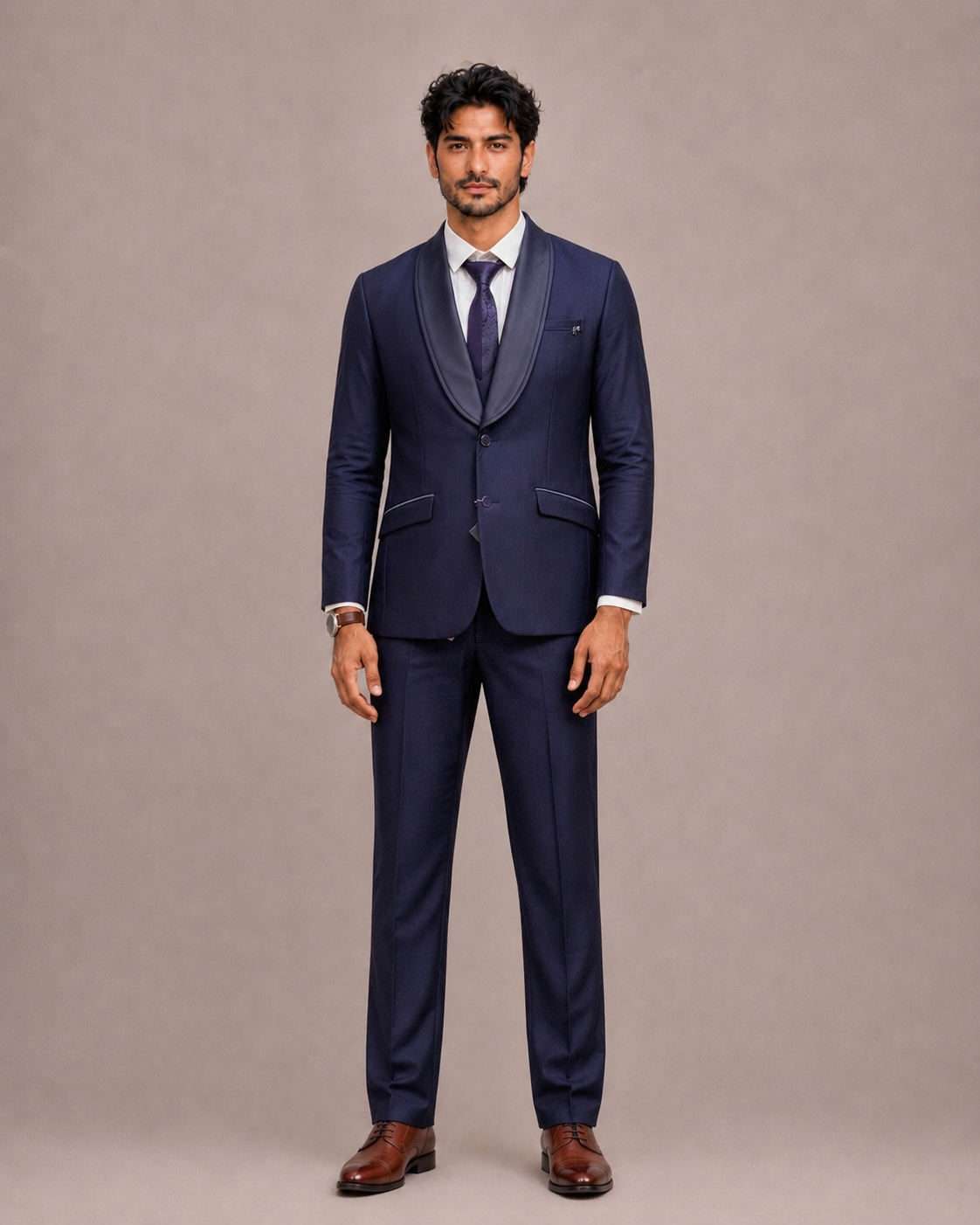 Purple Italian Fabric Tuxedo Suit with Classic Lapel and Satin Trim Work