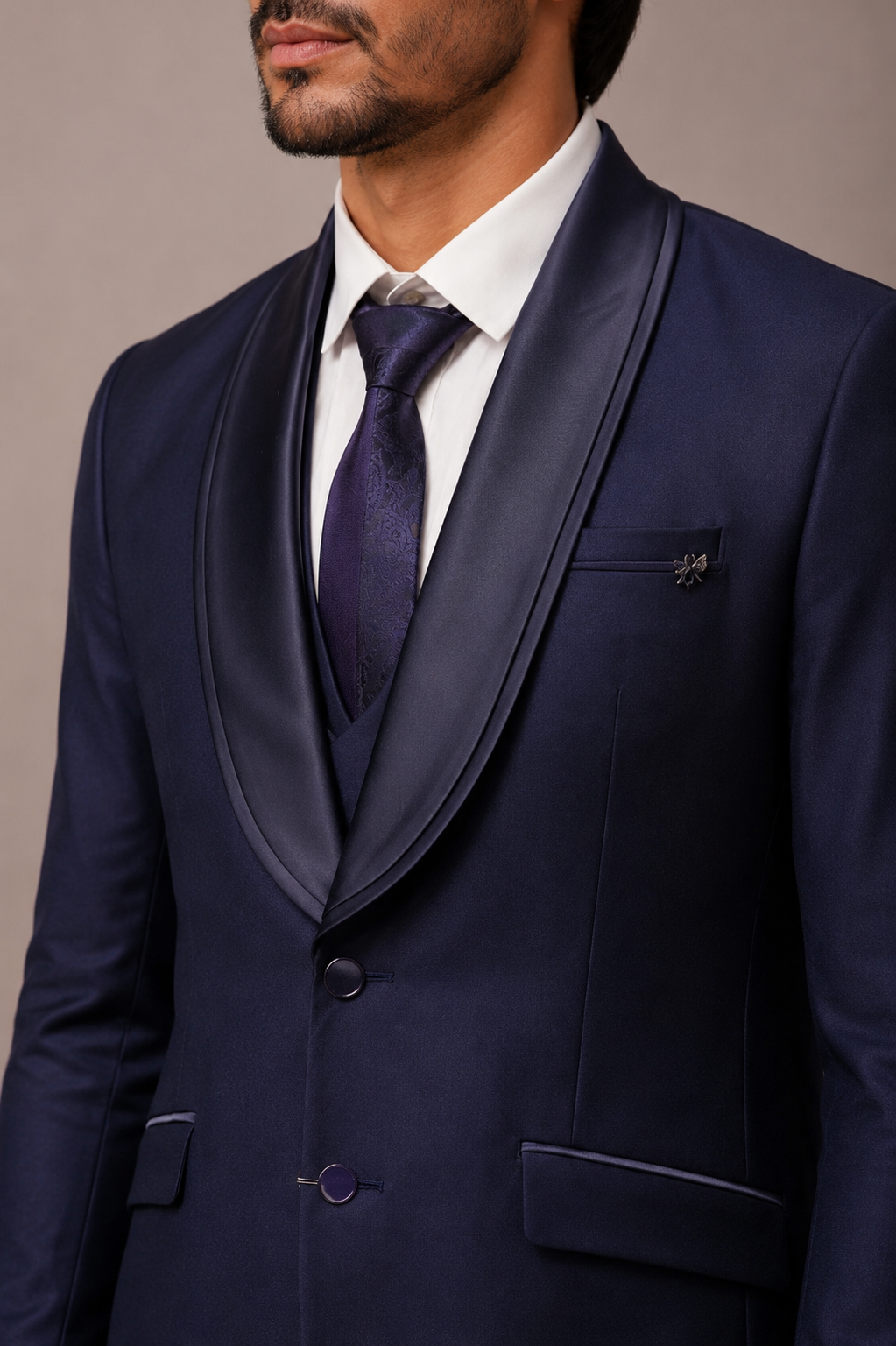 Purple Italian Fabric Tuxedo Suit with Classic Lapel and Satin Trim Work
