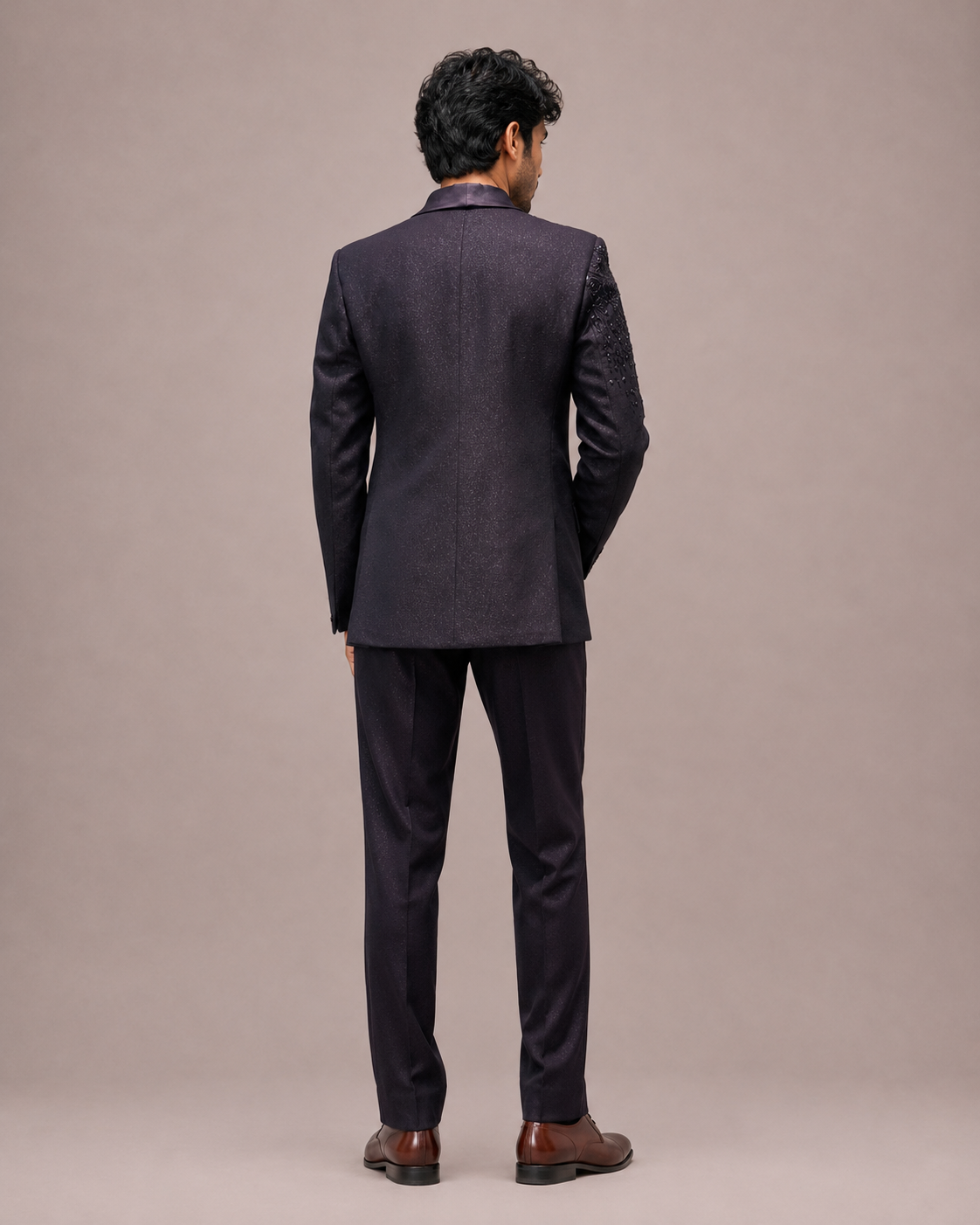 Purple Jacquard TR Tuxedo Suit with Hand Work