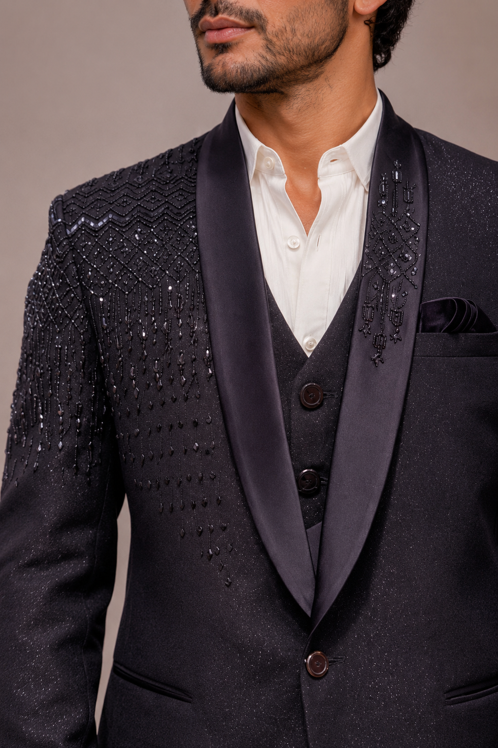 Purple Jacquard TR Tuxedo Suit with Hand Work