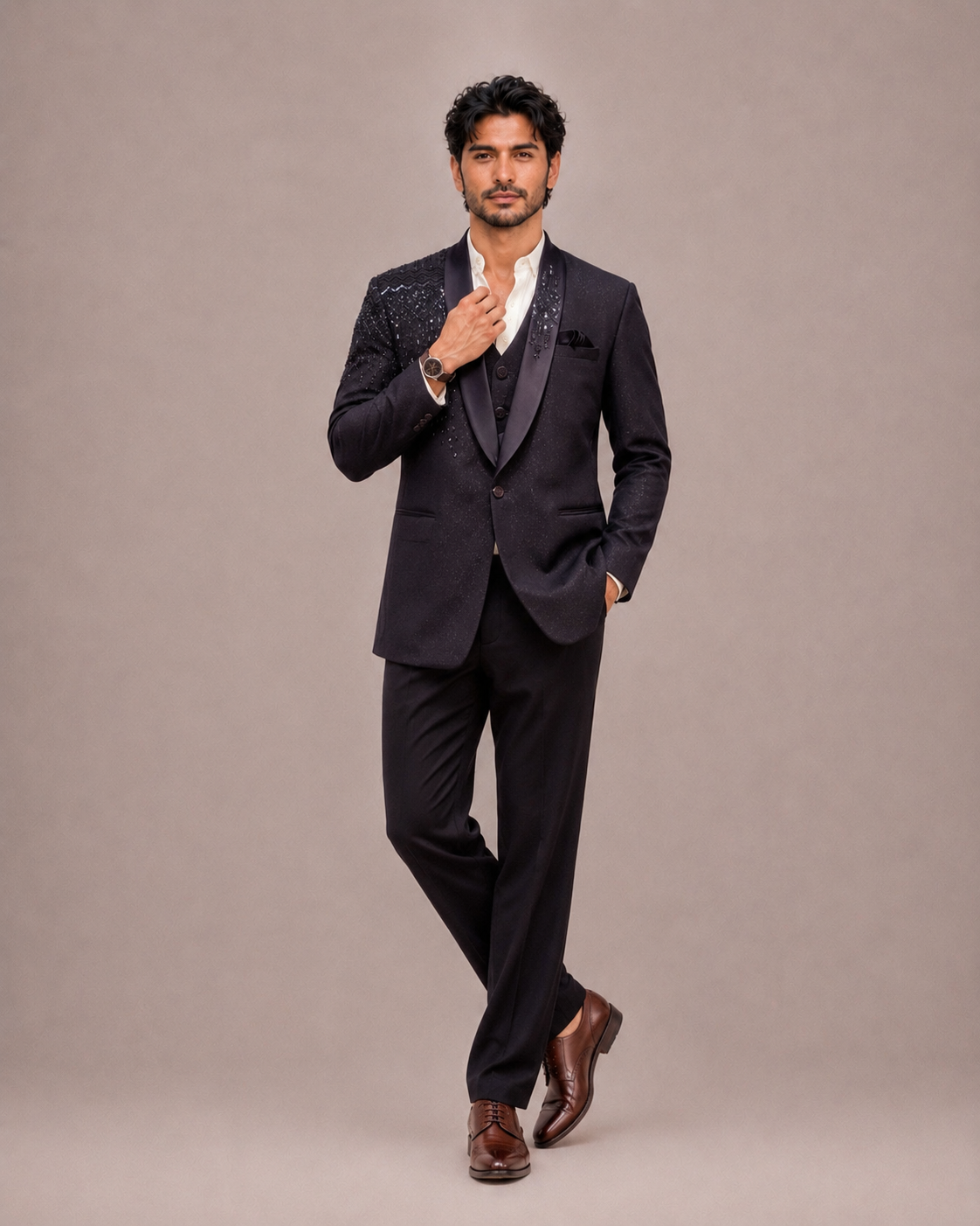 Purple Jacquard TR Tuxedo Suit with Hand Work