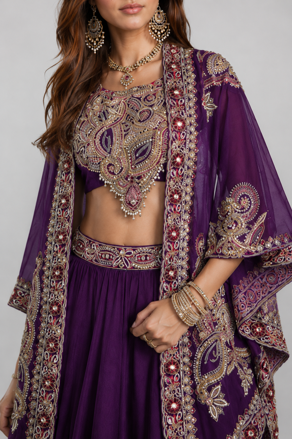 Purple Organza Lehenga Choli with Moti, Resham and Gath Work