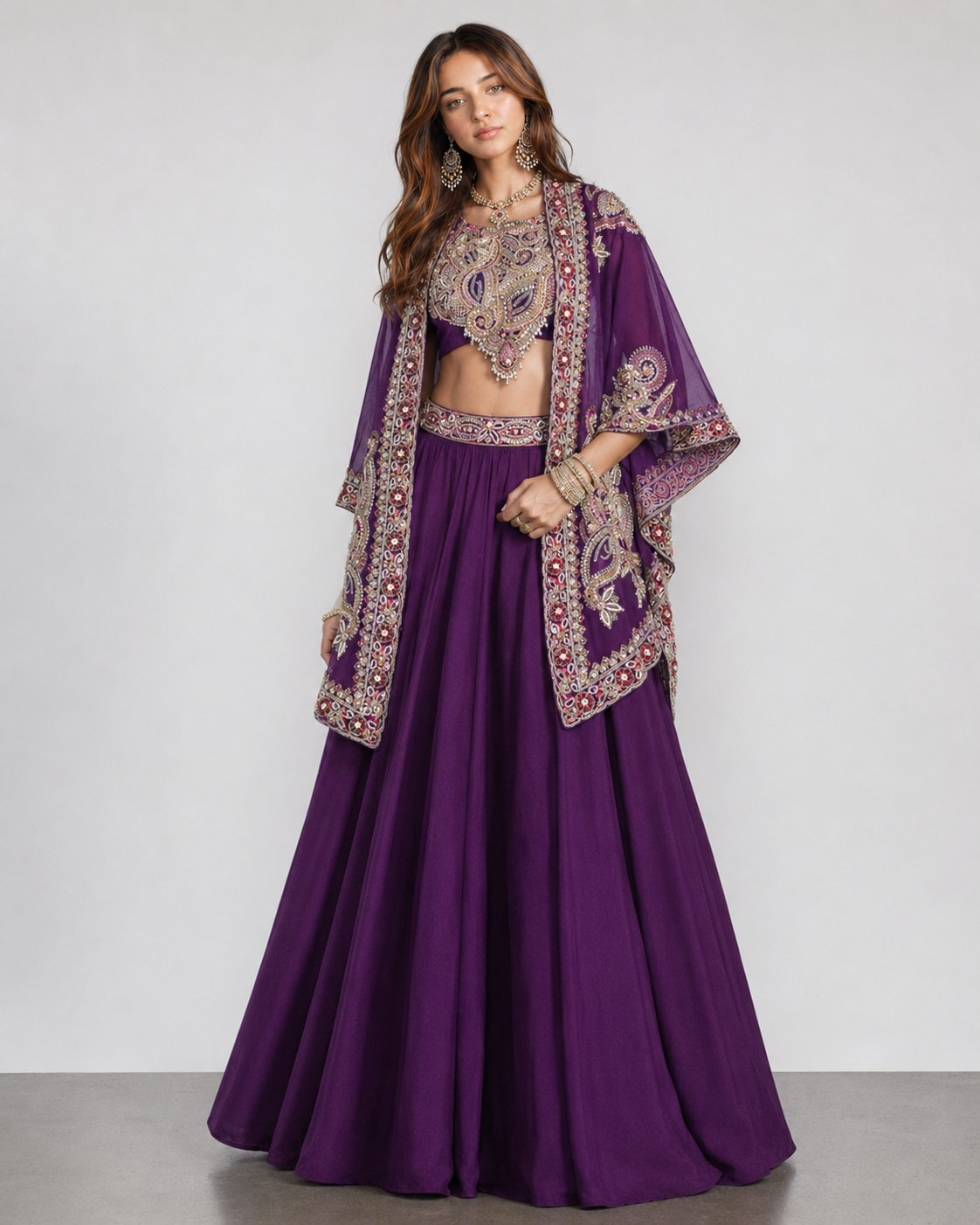 Purple Organza Lehenga Choli with Moti, Resham and Gath Work
