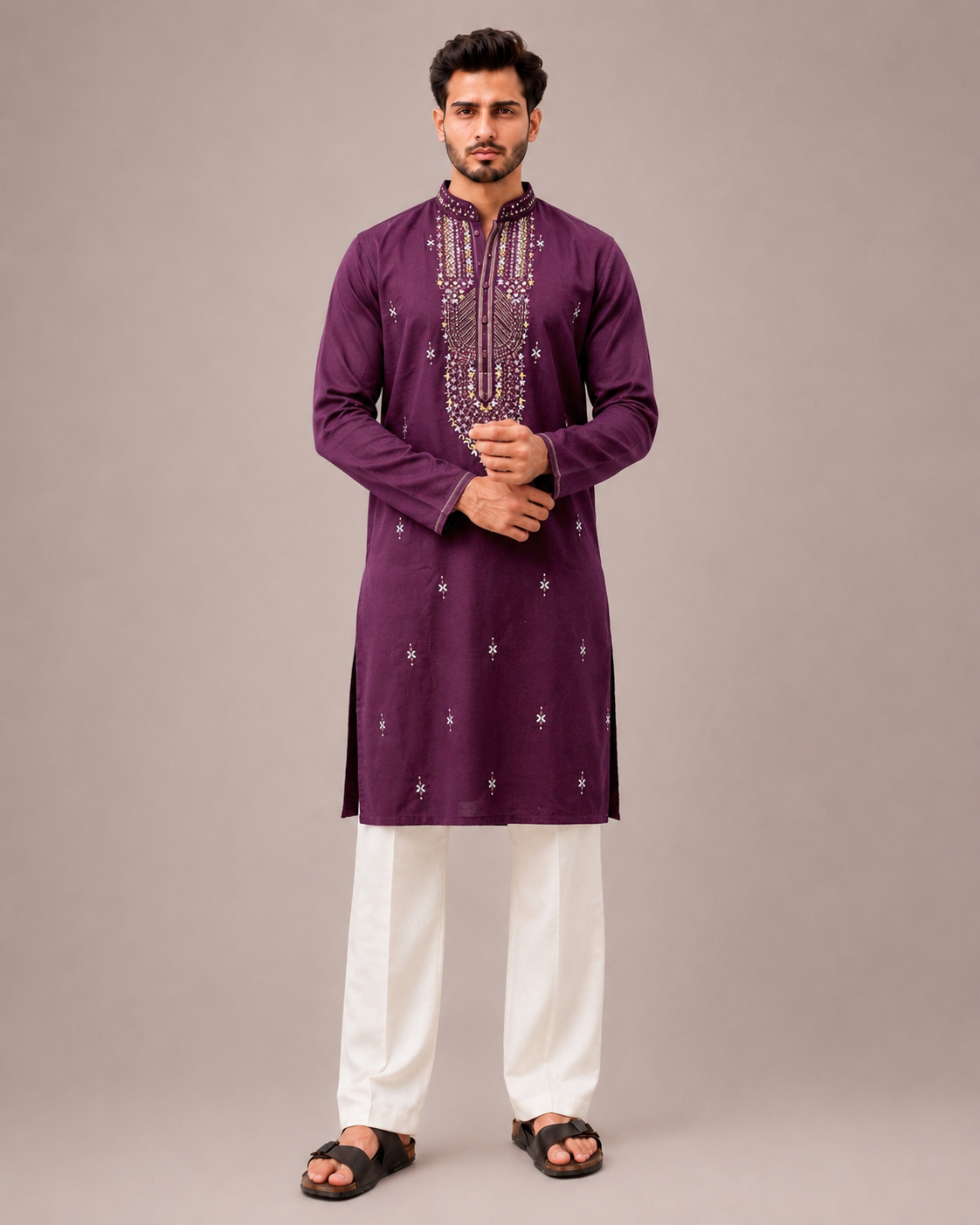 Purple Silk Kurta Set with Machine Embroidery Work