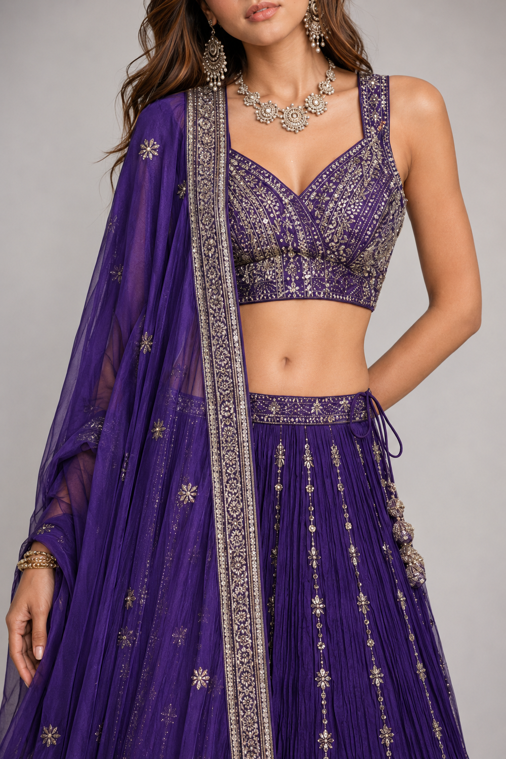 Purple Tissue Silk Lehenga Choli with Miral and Resham Work