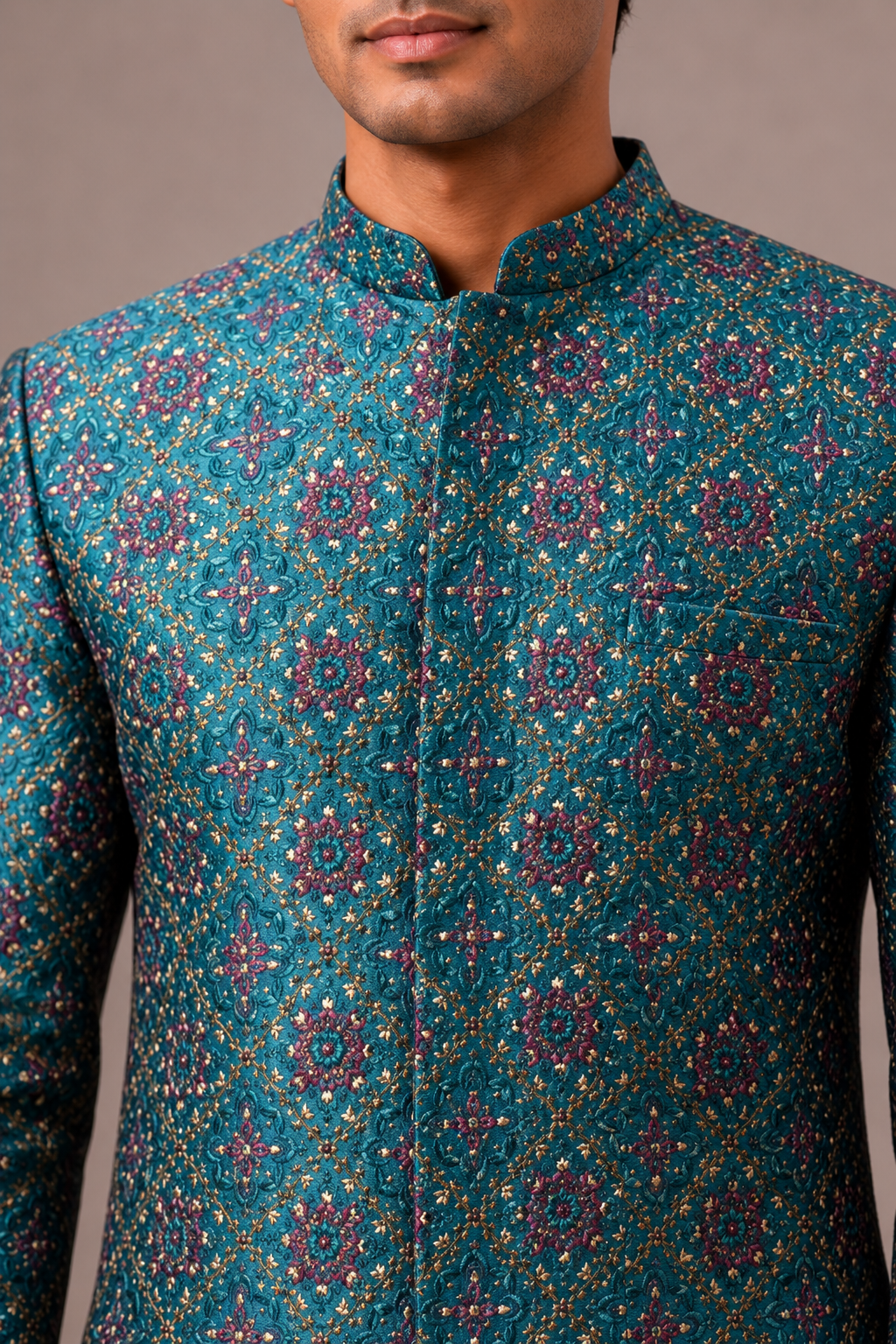 Rama Green Art Silk Indo Western for Men with Machine Work