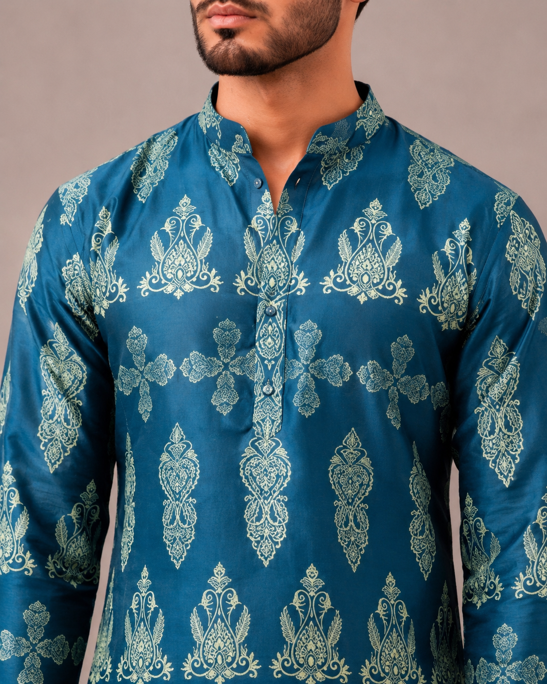 Rama Green Silk Kurta Set with Print Work