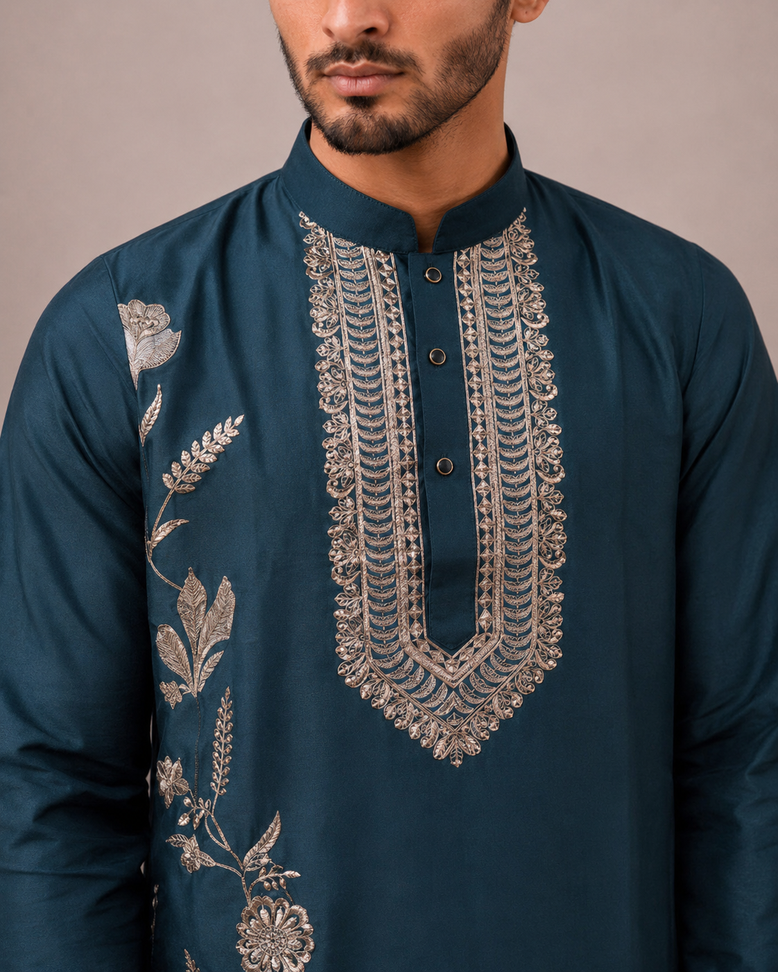 Rama Silk Kurta Set with Hand Embroidery on Print Work