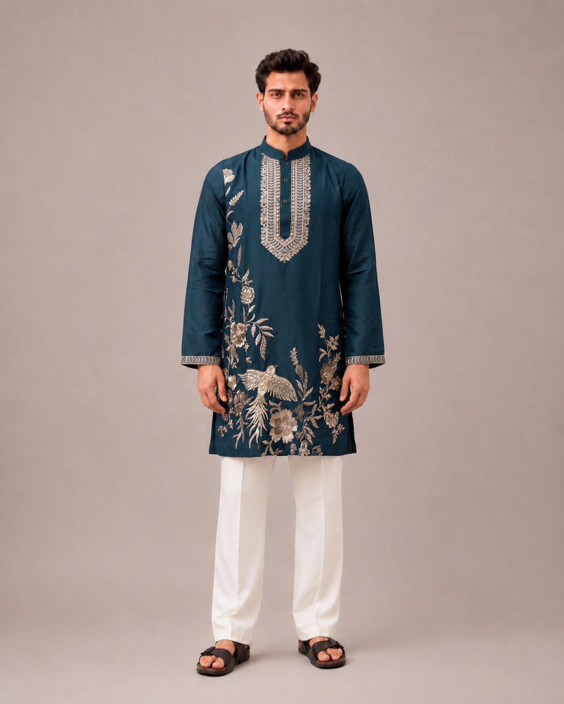 Rama Silk Kurta Set with Hand Embroidery on Print Work