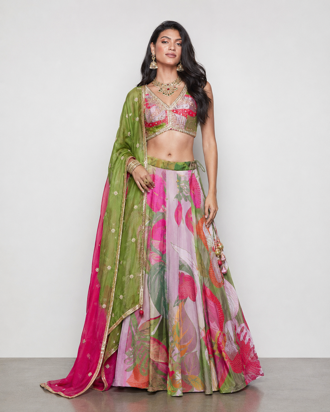 Rama Tisu Silk Lehenga Choli with Kardana, Moti Sicons Work