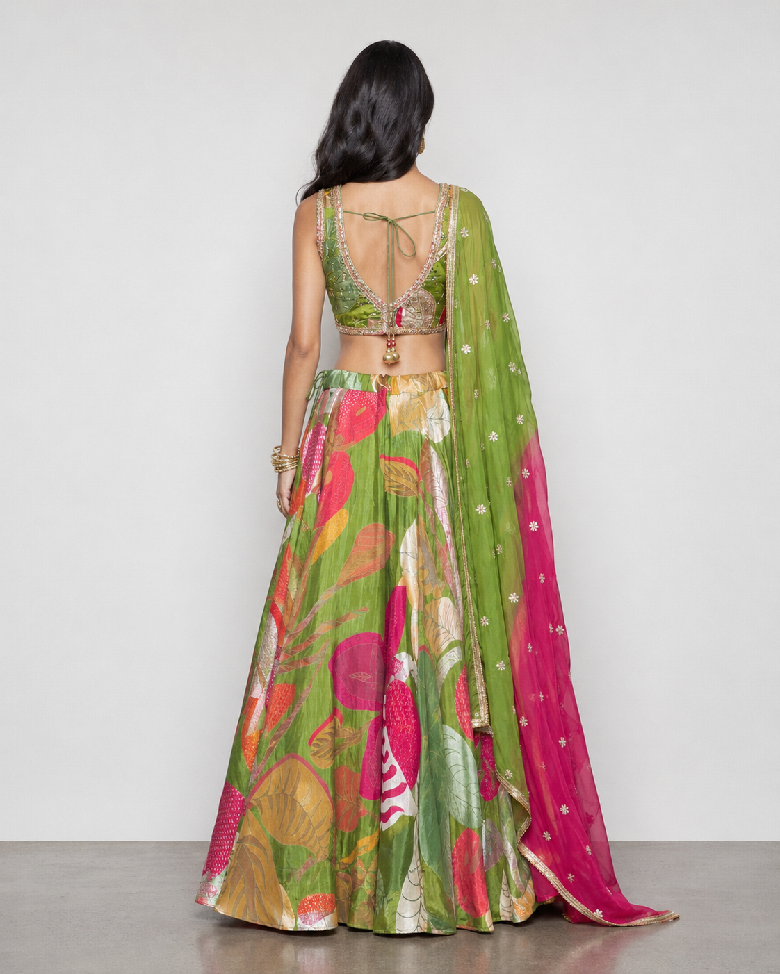 Rama Tisu Silk Lehenga Choli with Kardana, Moti Sicons Work
