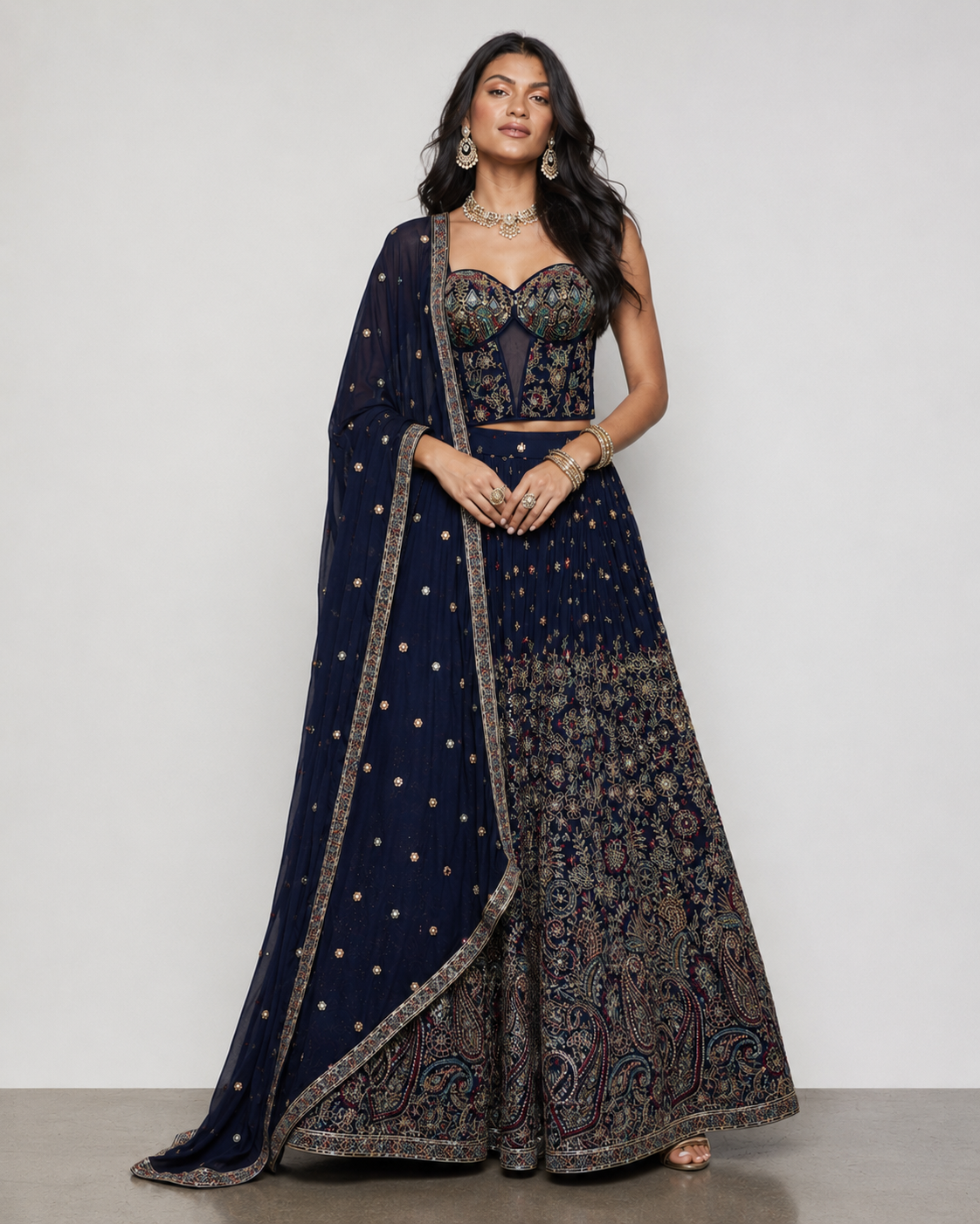 Rama Tisu Silk Lehenga Choli with Kardana, Moti Sicons Work