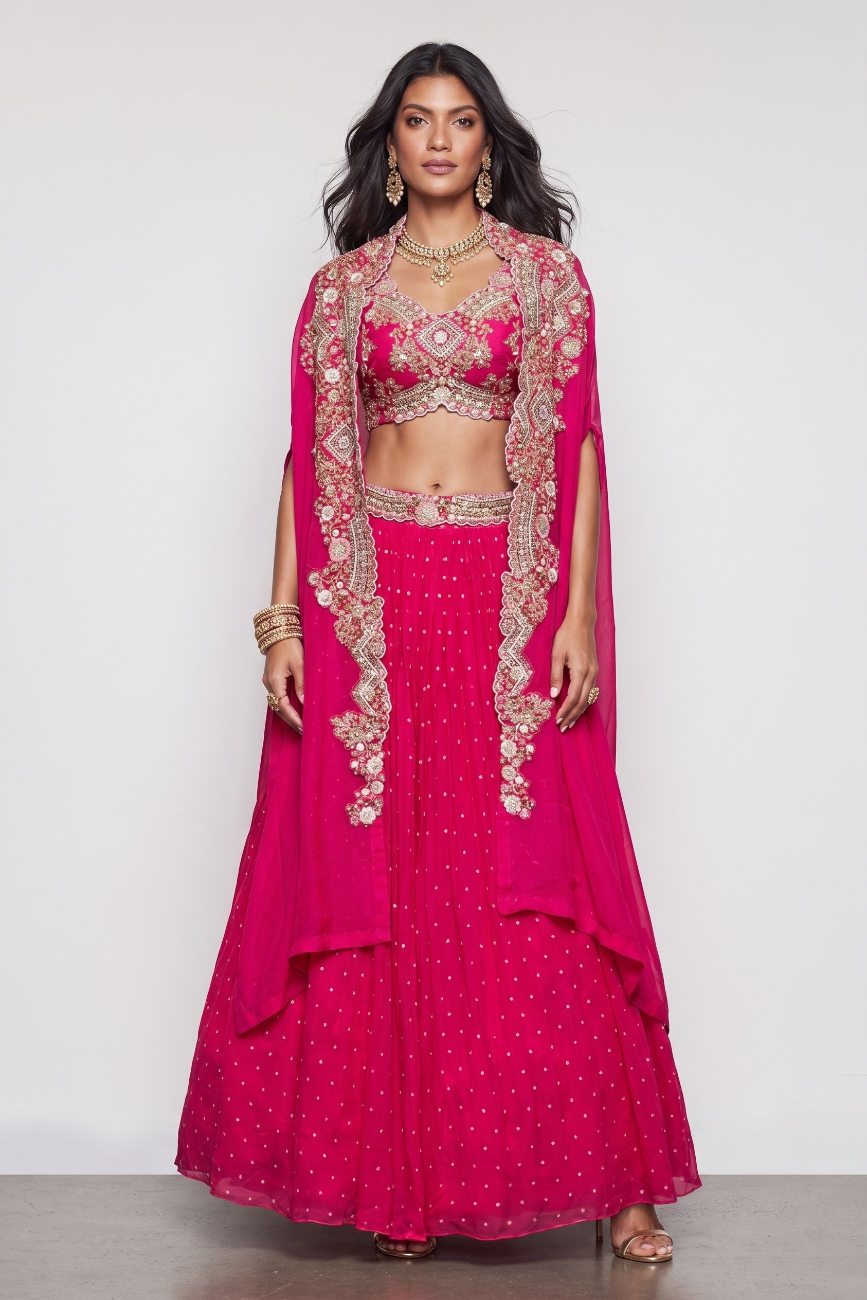Rani Pink Organza Georgette Indo Western with Moti Resham and Hand Work