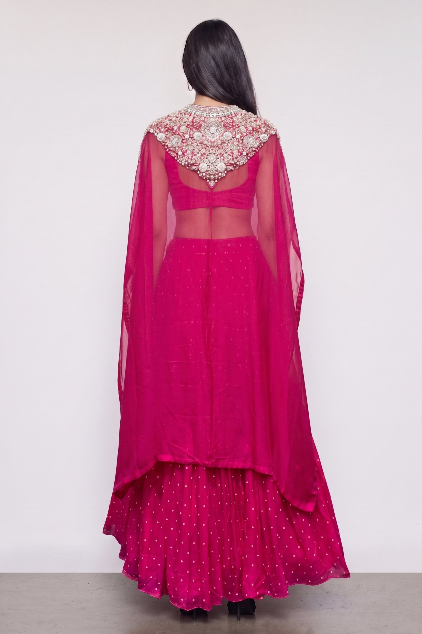 Rani Pink Organza Georgette Indo Western with Moti Resham and Hand Work