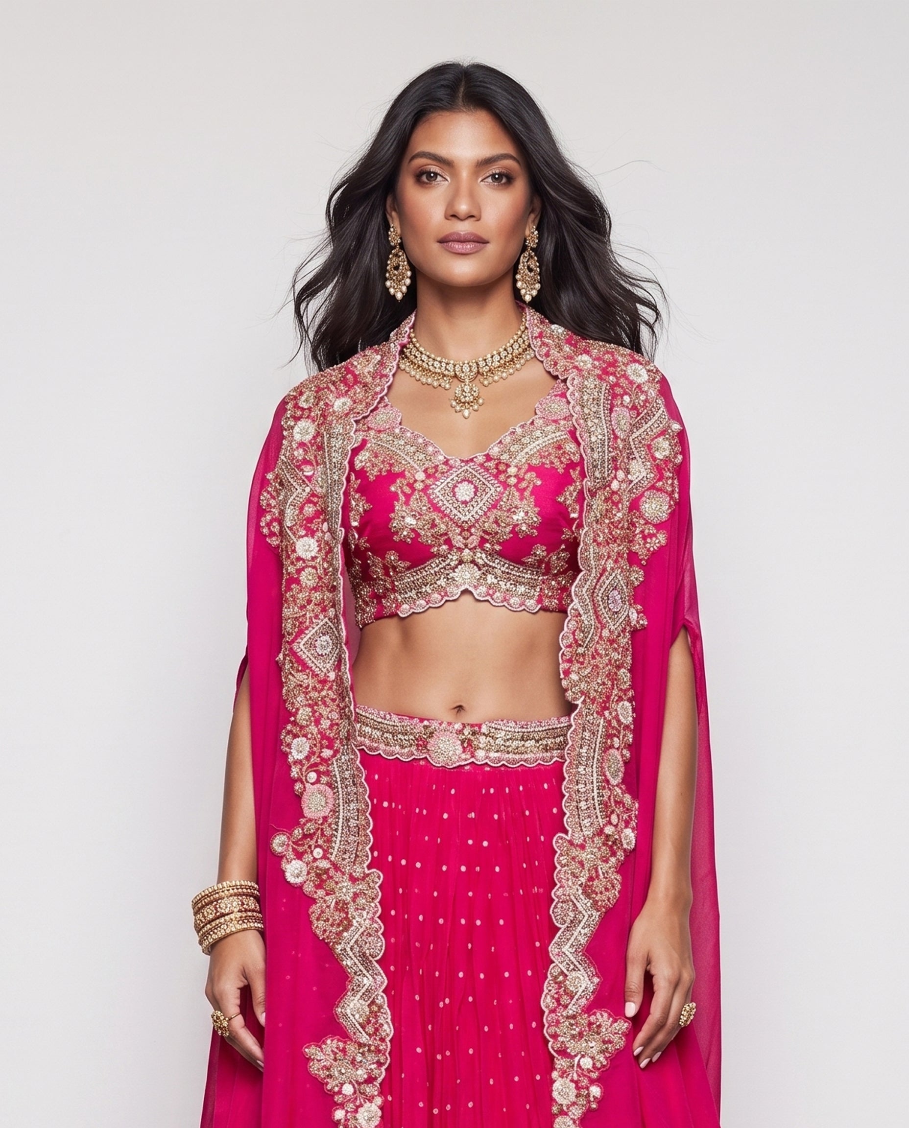 Rani Pink Organza Georgette Indo Western with Moti Resham and Hand Work