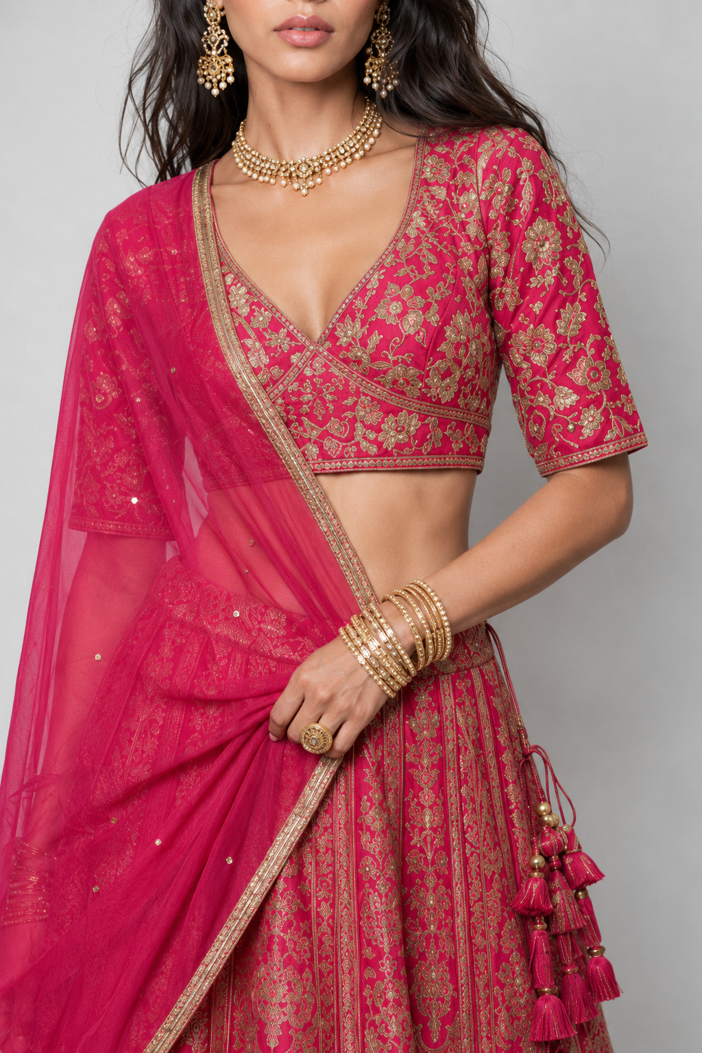 Rani Pink Banarasi Silk Lehenga Choli with Zardozi, Kashab, Moti and Tikki Work