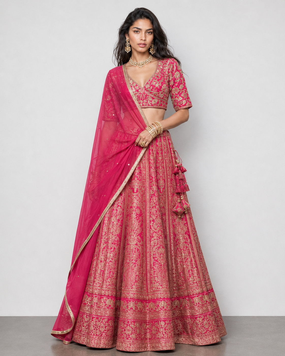 Rani Pink Banarasi Silk Lehenga Choli with Zardozi, Kashab, Moti and Tikki Work