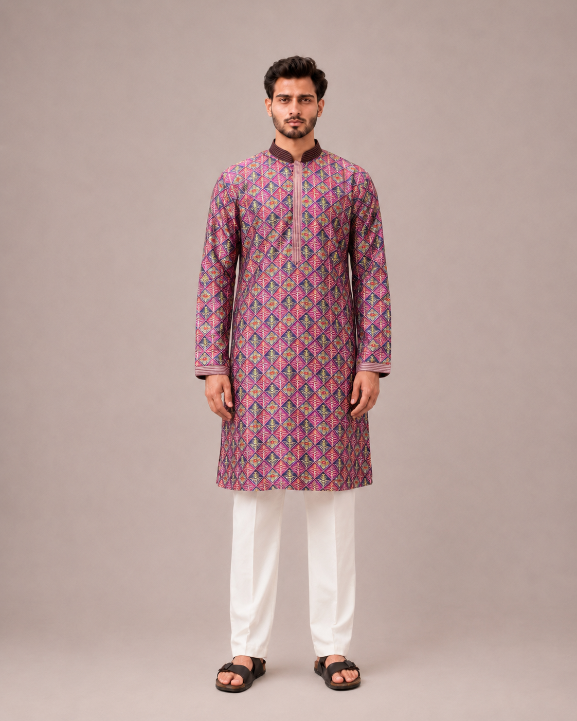 Rani Pink Lakhnavi Kurta Set with Thread Work